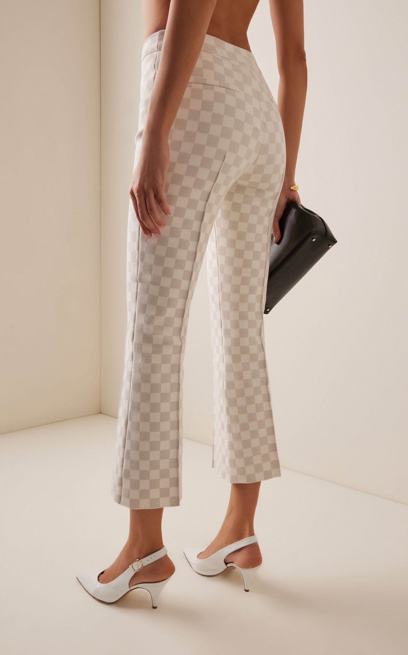 Exclusive Kick Checked Stretch-Cotton Knit Cropped Flared Pants ivory - 4