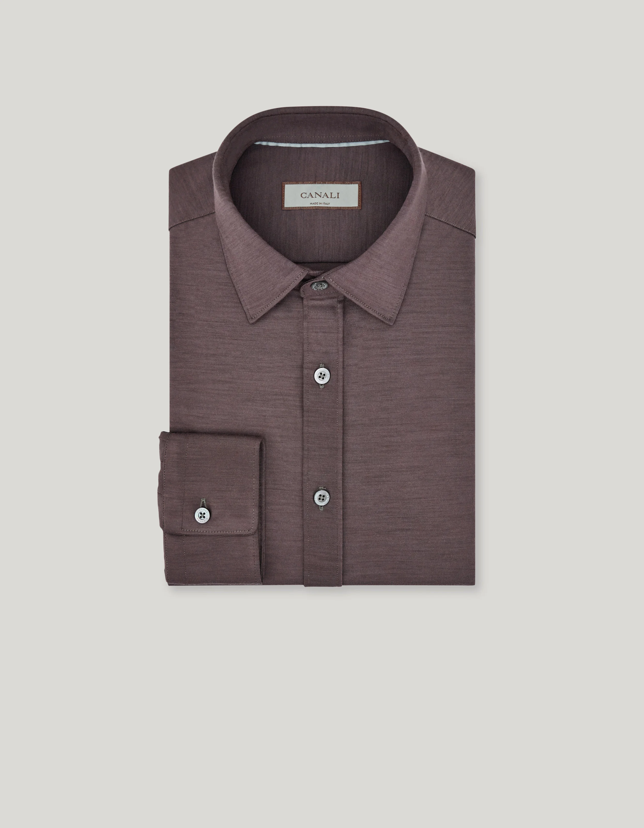 IMPECCABILE CASUAL REGULAR FIT SHIRT IN MAUVE BROWN WOOL JERSEY - 1
