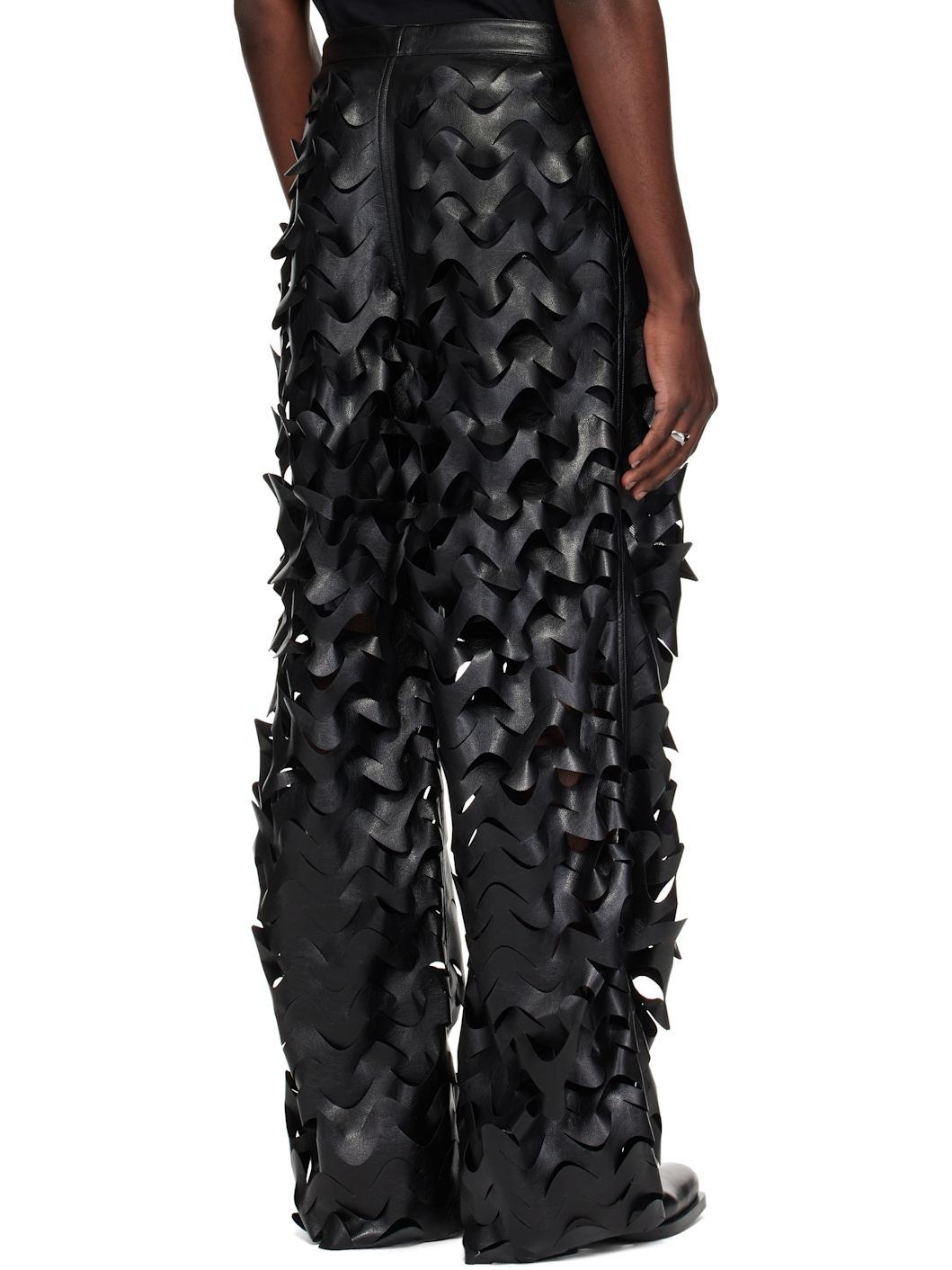 Black Laser Cut Wide-Leg Faux-Leather Pants - 3