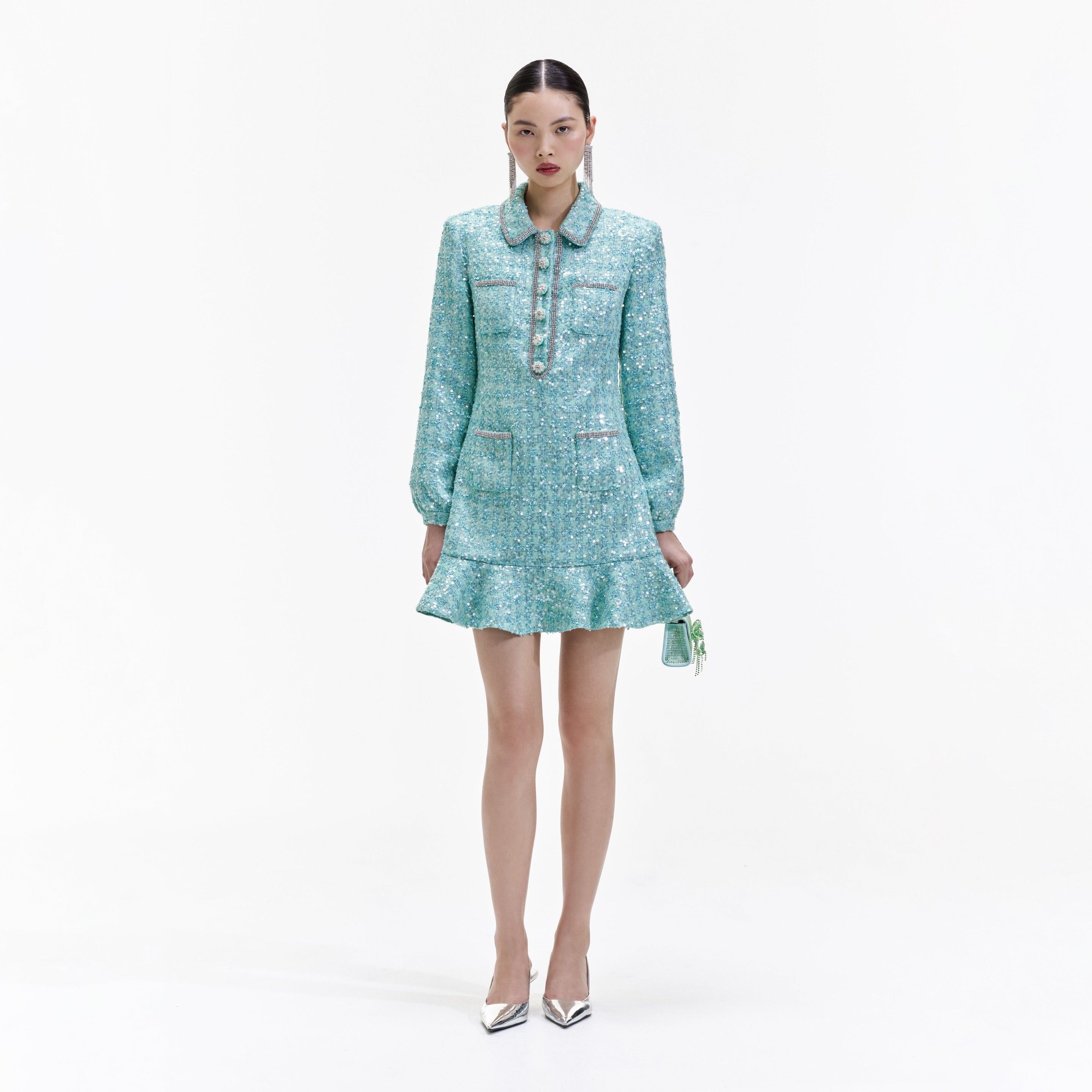 self-portrait Blue Boucle Collared Mini Dress - RS24-904S-G | REVERSIBLE