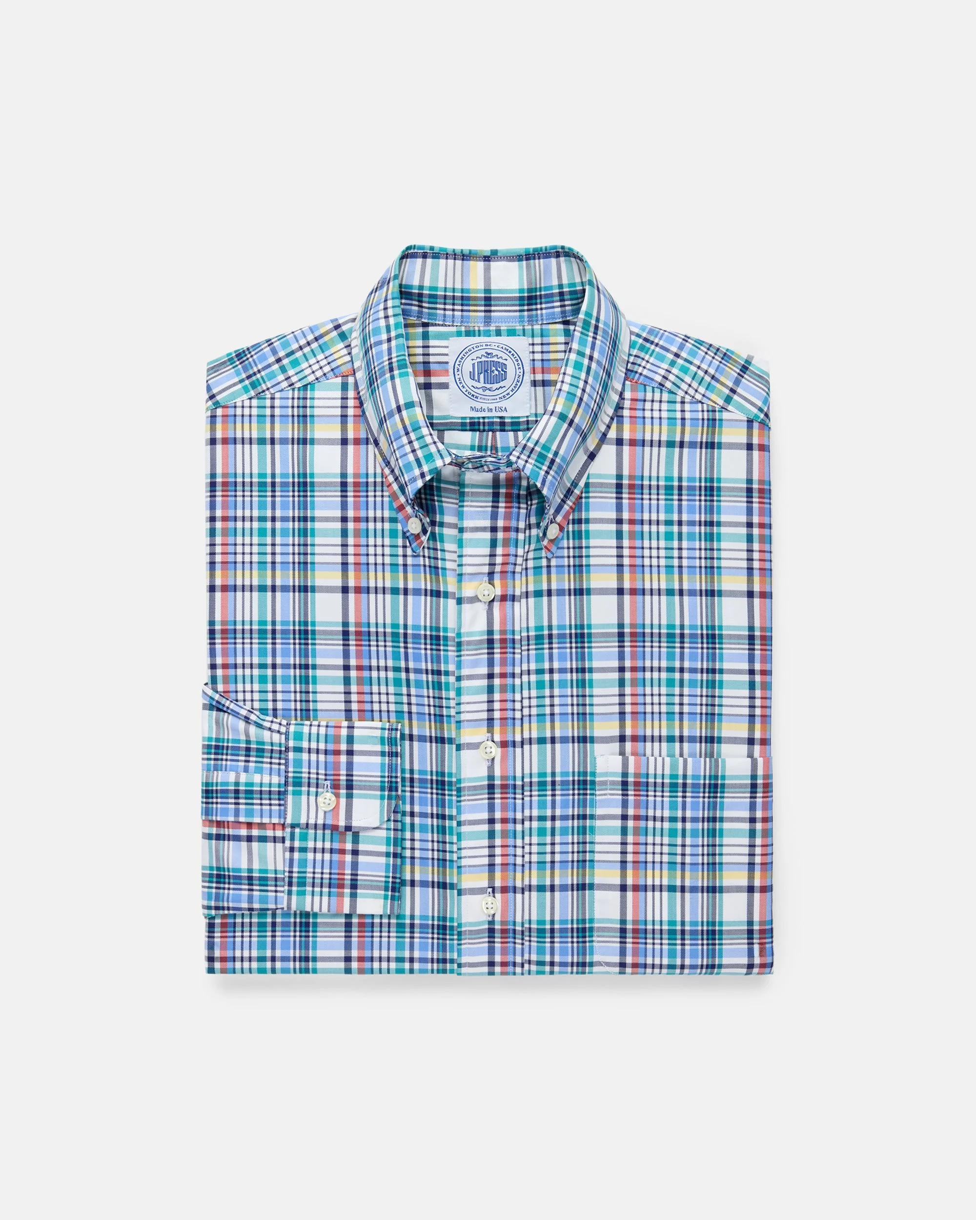 MADE-IN-USA BLUE & RED PLAID BUTTON DOWN SPORT SHIRT - CLASSIC FIT - 1