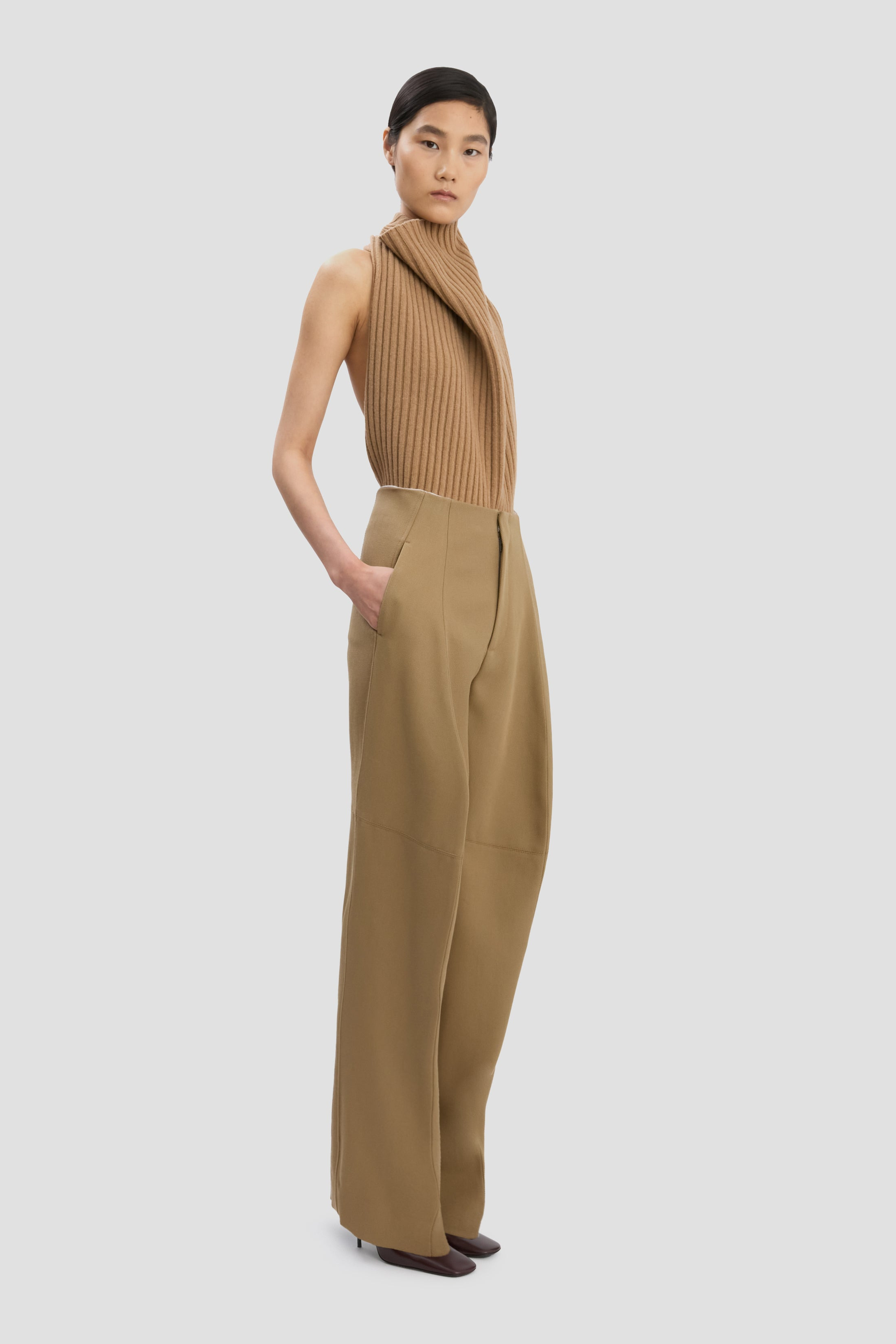Sculptural Leg Trouser In Dark Camel - 3