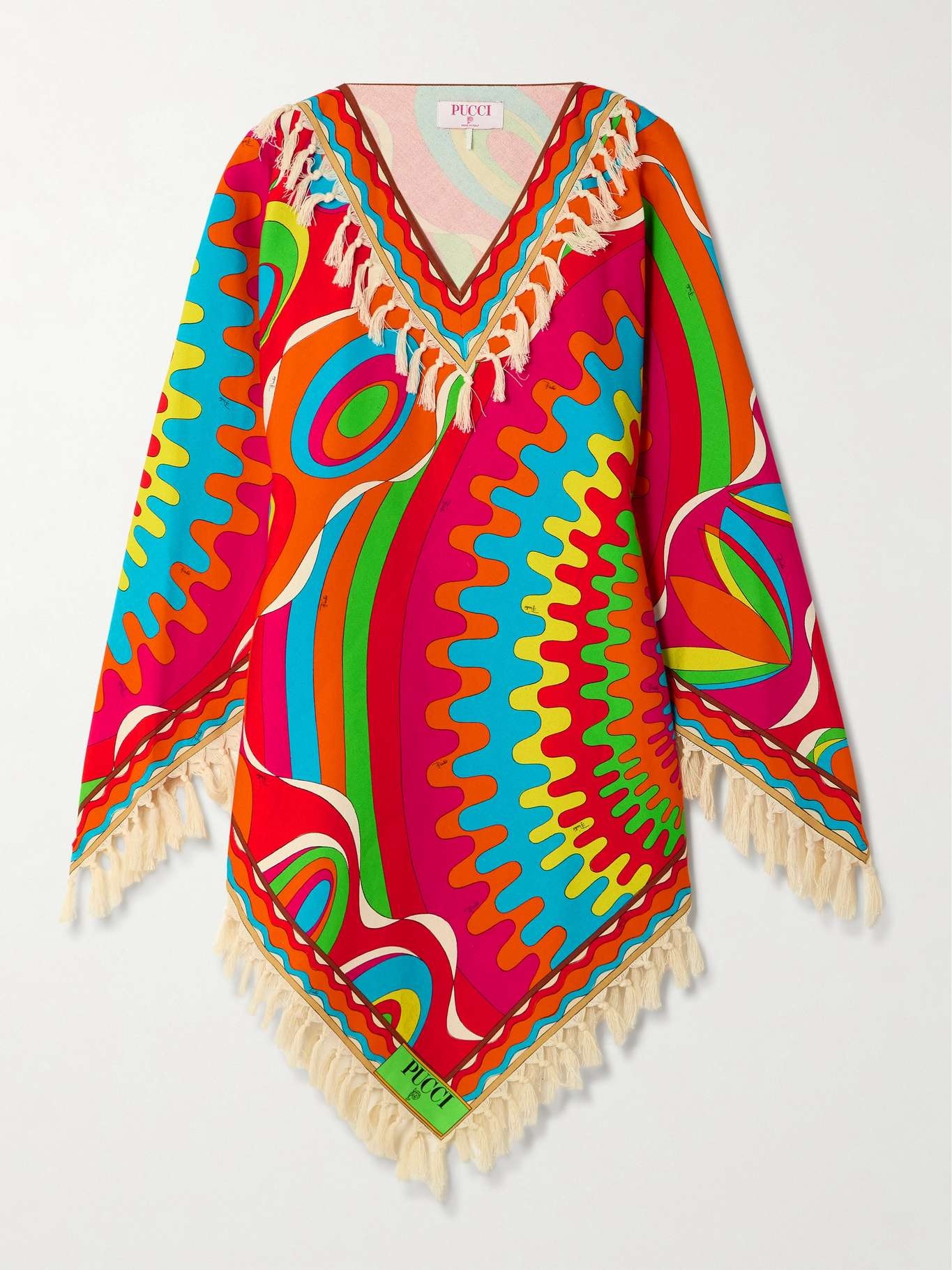 Asymmetric fringed printed cotton-twill kaftan - 1