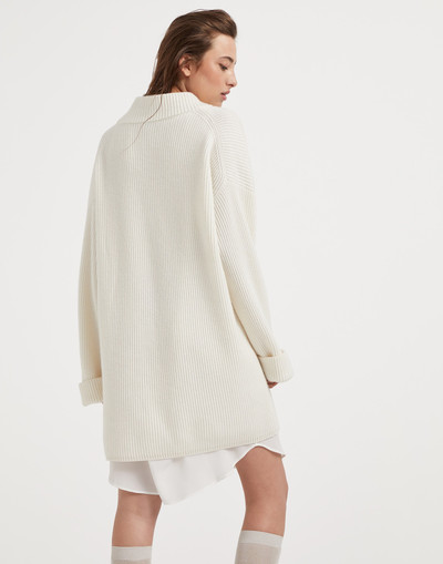 Brunello Cucinelli Cashmere English rib knit dress with silk slip and precious flower crest outlook