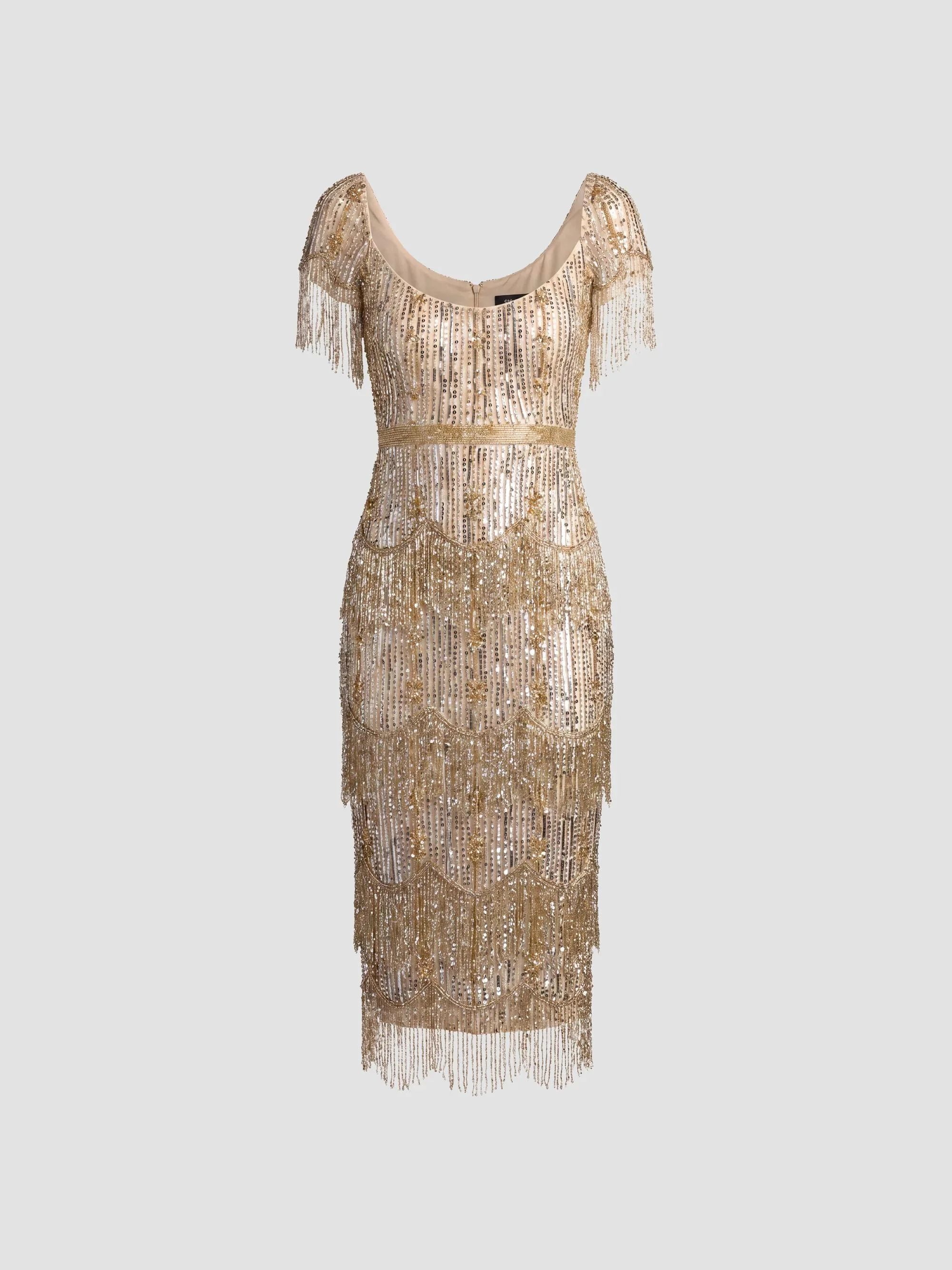 Women's Fringed Beaded Sheath Midi Dress - Light Gold - 1