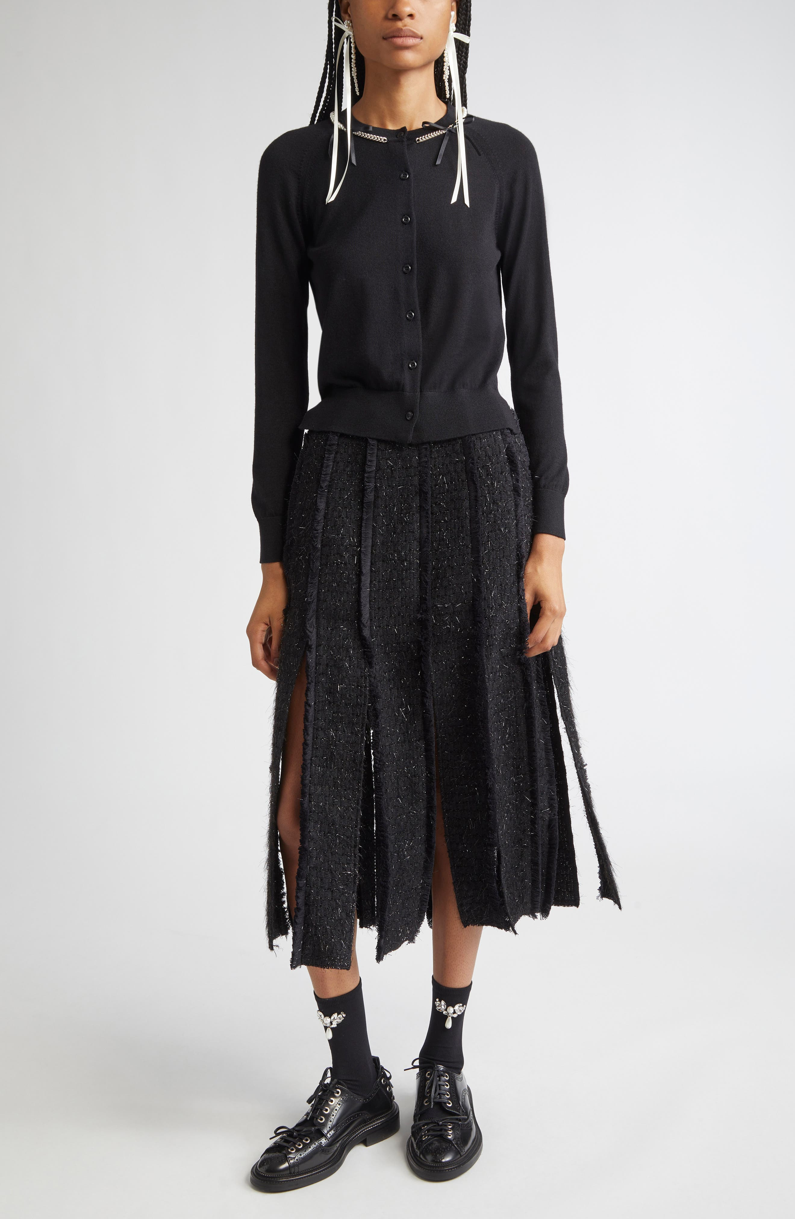 Simone Rocha Classic Long Sleeve Merino Wool & Silk Cardigan with Faux Pearl Detail in Black/Pearl a - 2
