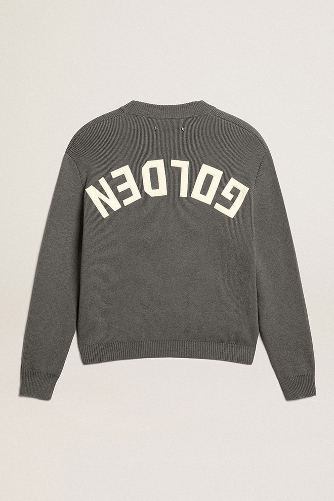 Women's round-neck sweater in dark gray cotton with logo on the back - 6