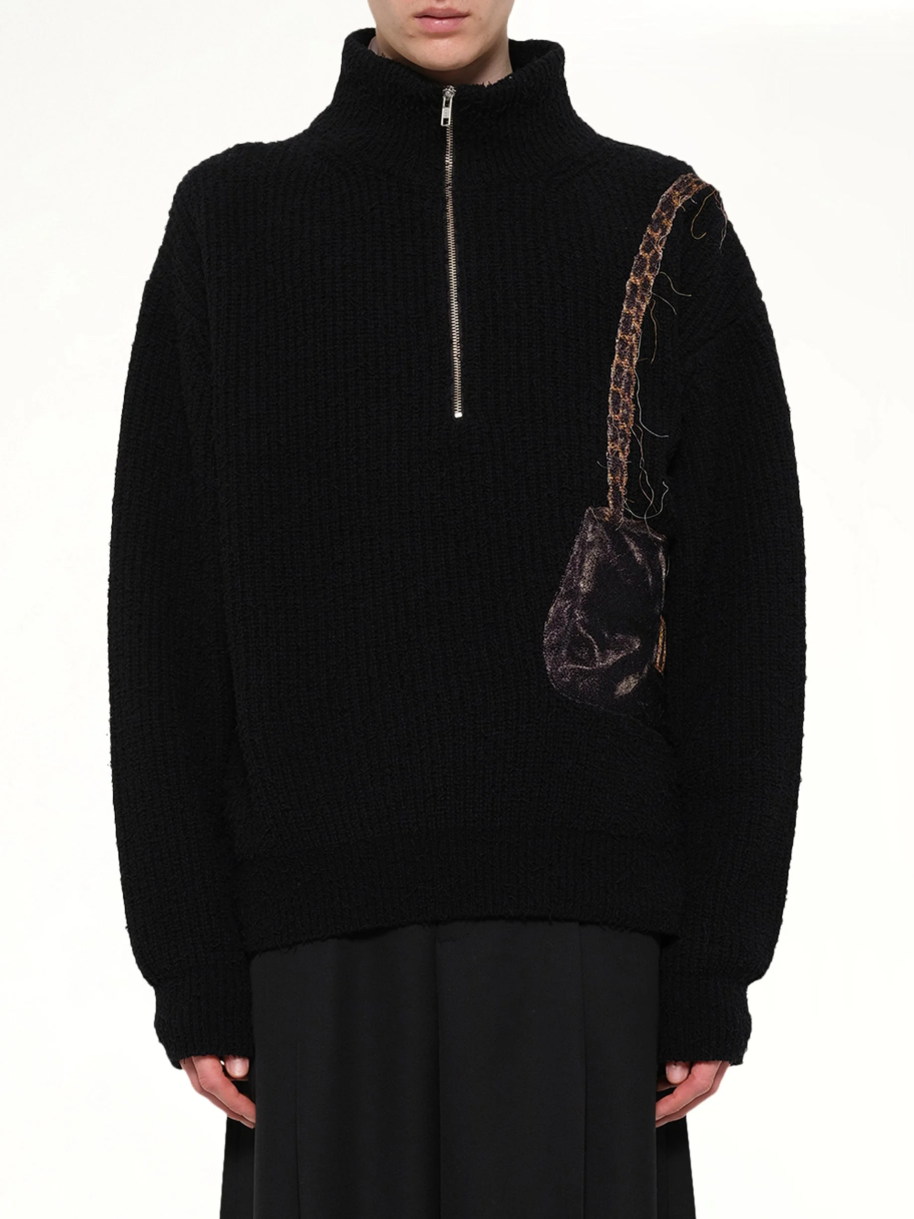 Trompe L’Oeil Embroidery Half Zip Knit in Black - 1