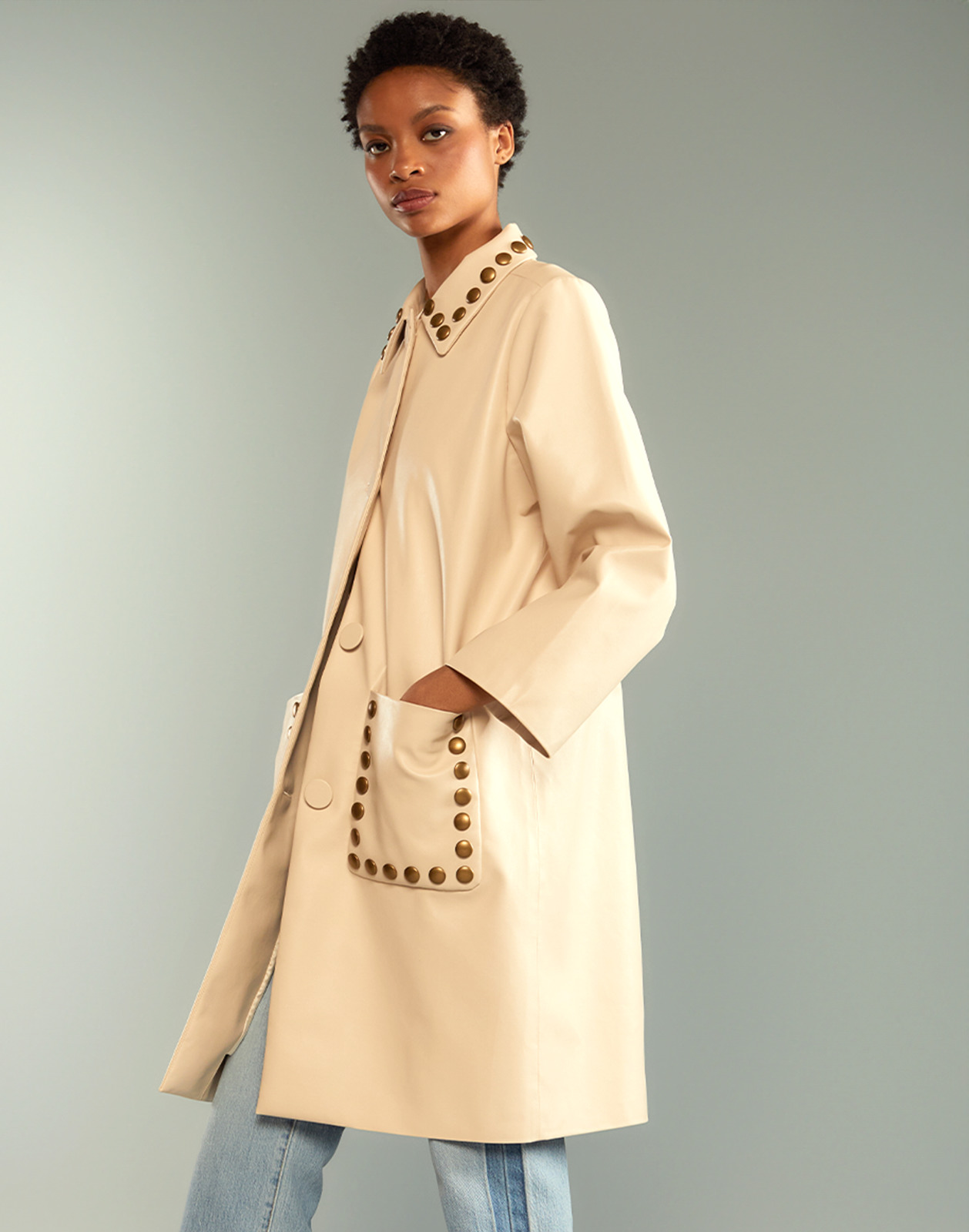 Studded Vegan Leather Coat - 1