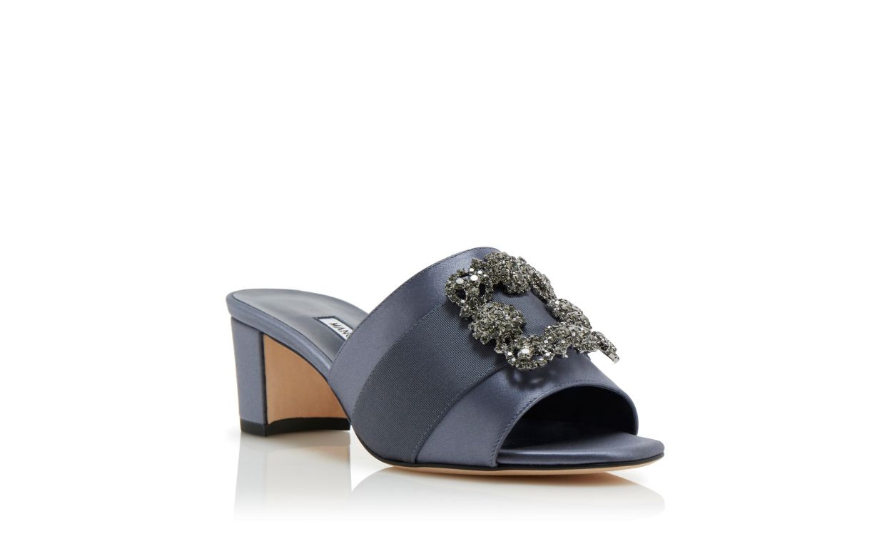 Blue-Grey Satin Jewel Buckle Mules - 3