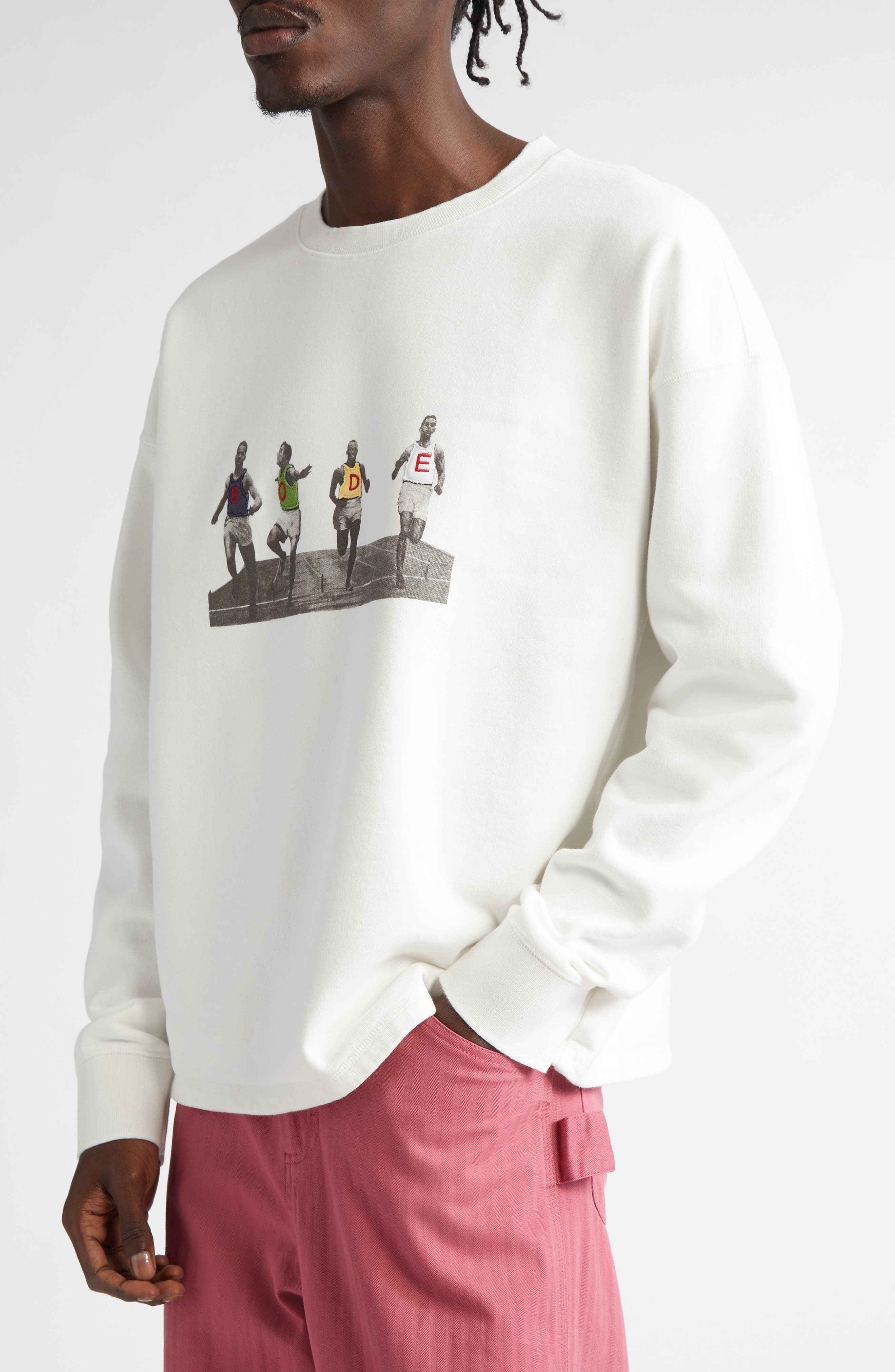 Bode Finish Line Embroidered Fleece Graphic Sweatshirt in Cream at Nordstrom - 4