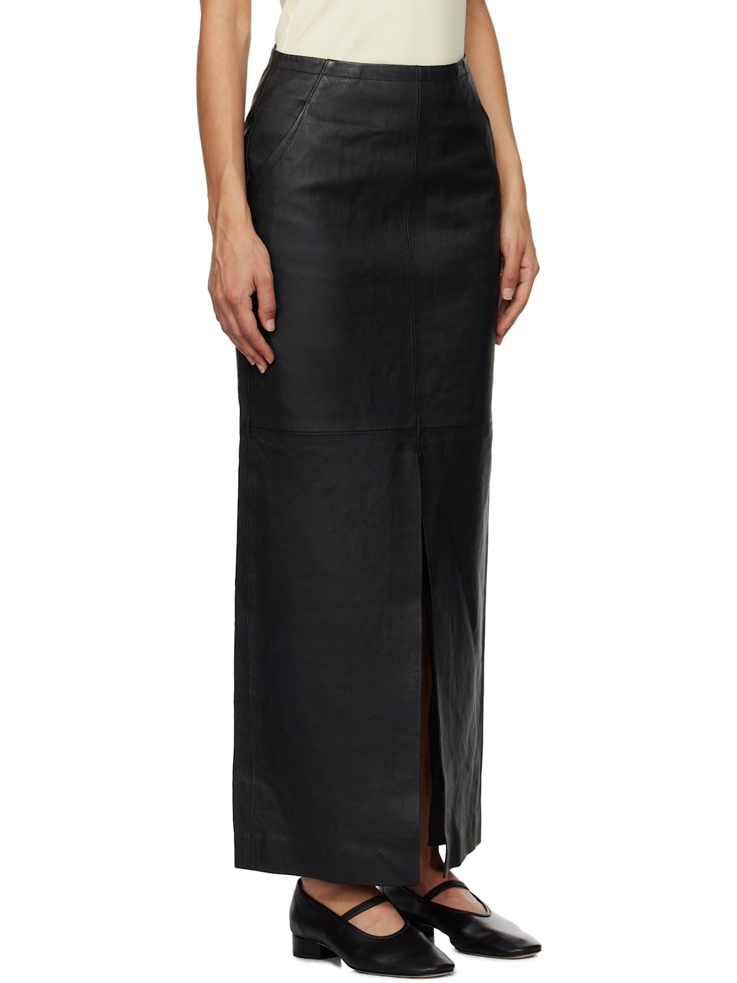 Black High Slit Leather Maxi Skirt - 2