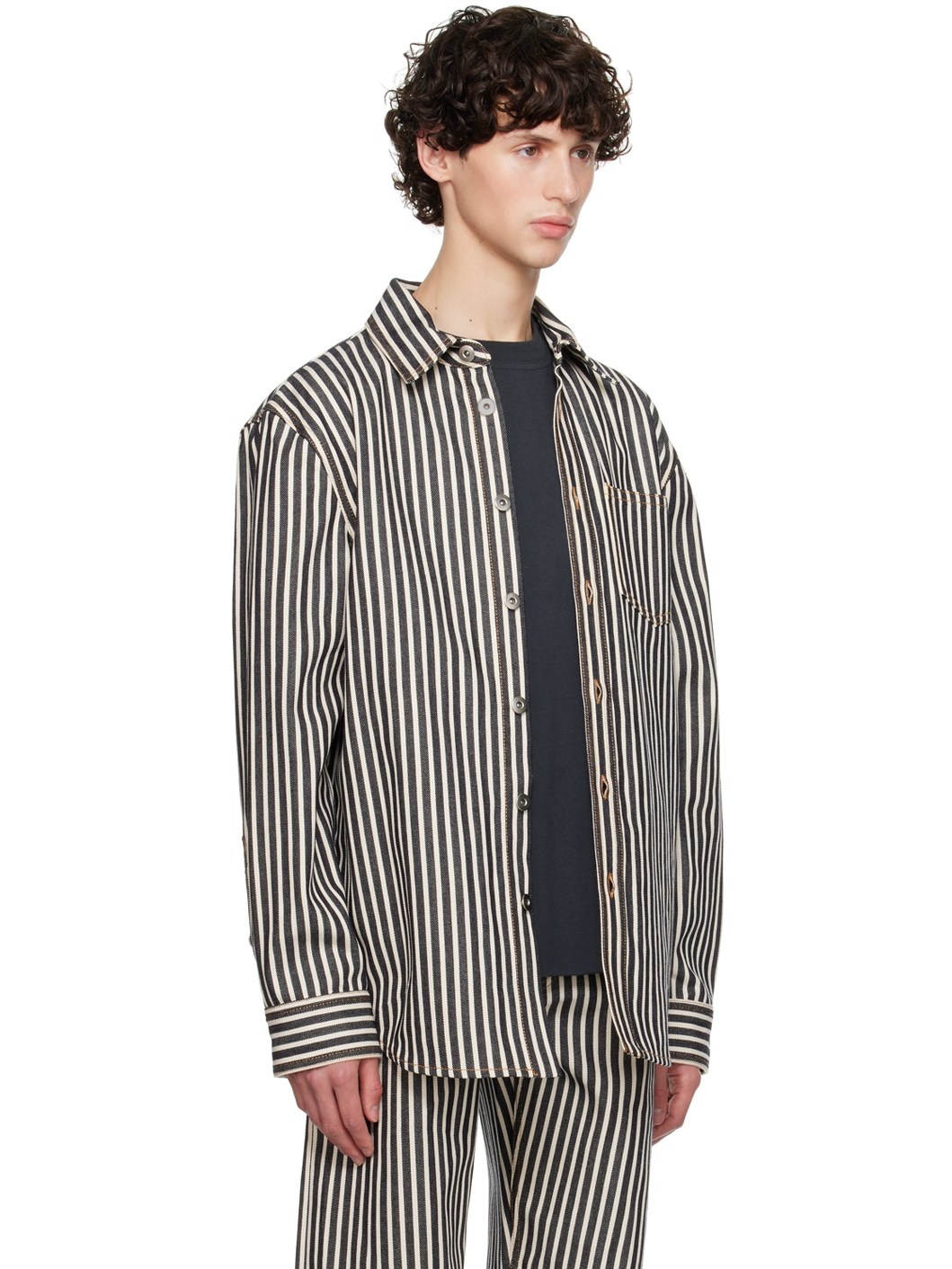 Navy & Off-White Striped Shirt - 2