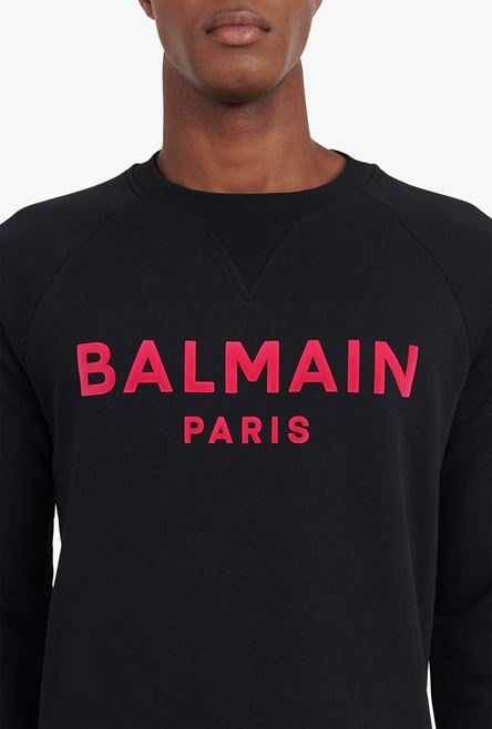 Black cotton sweatshirt with flocked fuchsia Balmain logo - 6