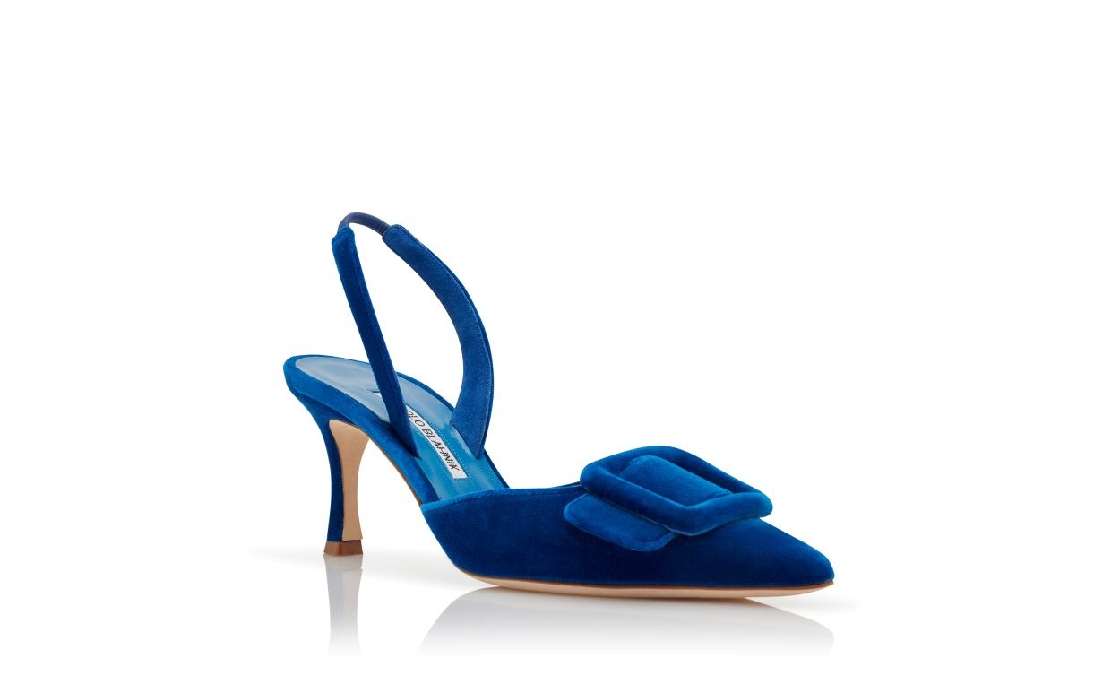 Blue Velvet Buckle Detail Slingback Pumps - 3