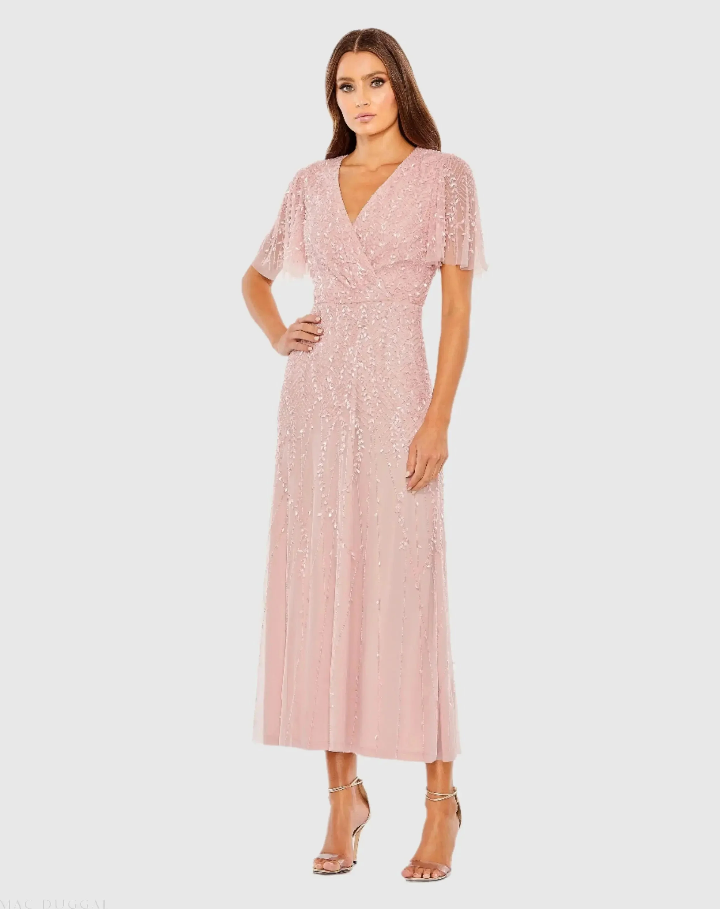 Pink Beaded Wrap Over Butterfly Sleeve Dress - 1