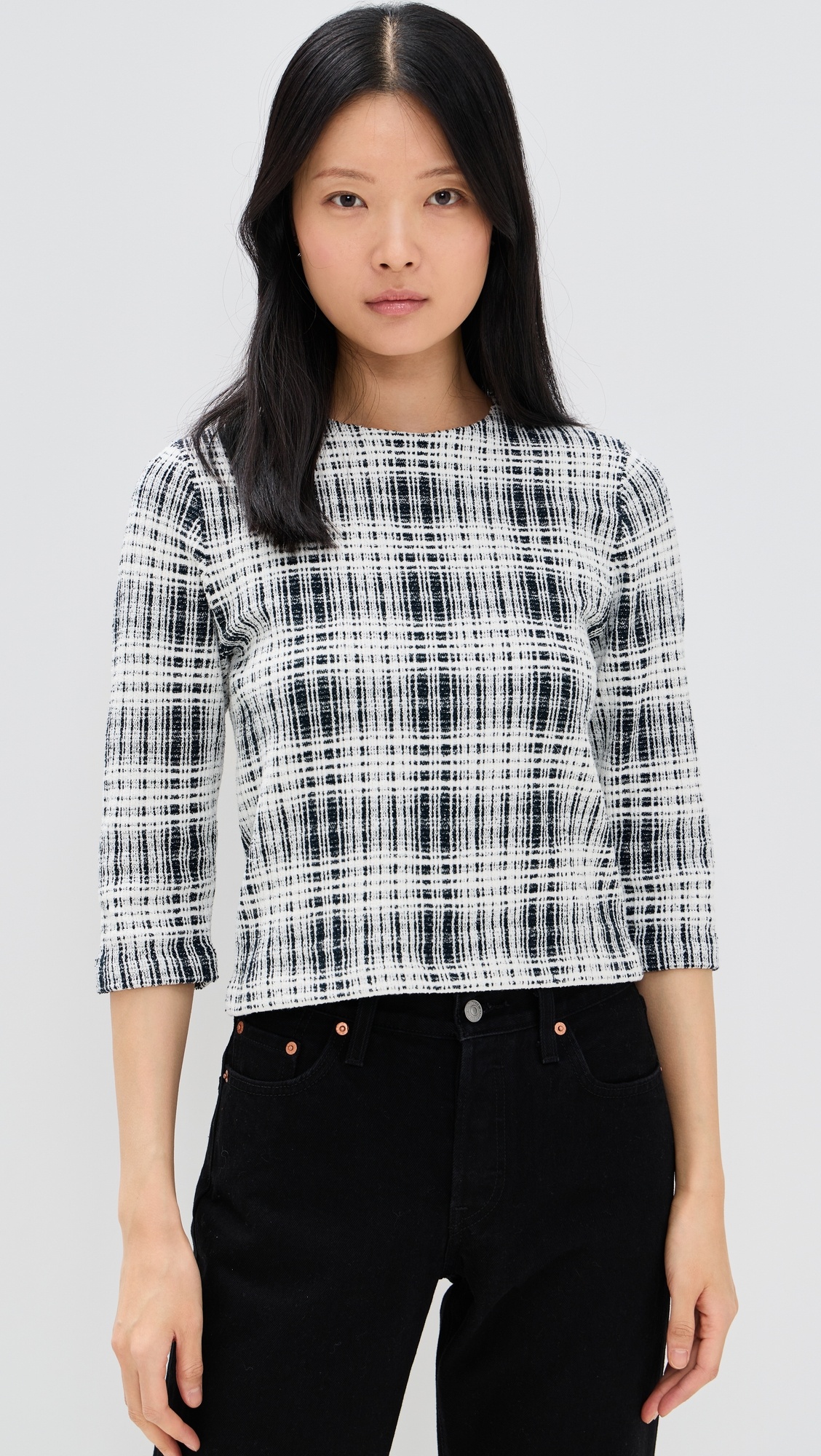 Boucle Plaid Elbow Sleeve Sweater - 1