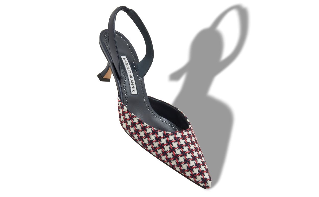Navy Blue Wool Dogtooth Slingback Pumps - 2