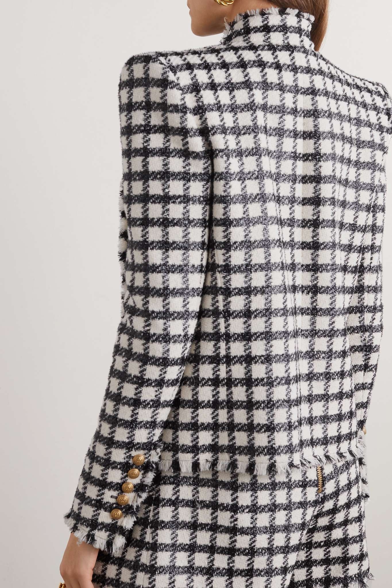 Button-embellished checked metallic wool-blend tweed jacket - 4