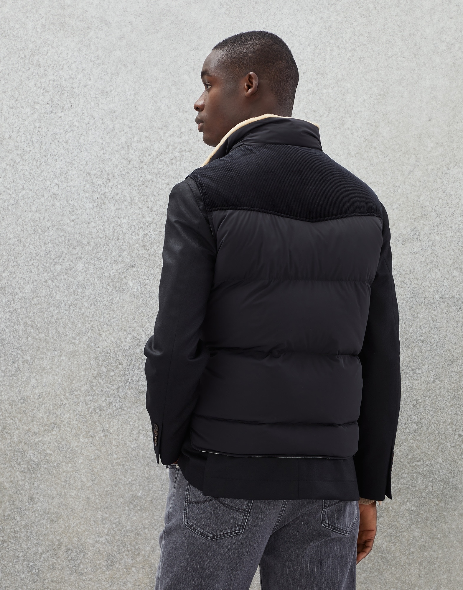 Bonded nylon paneled down vest with shearling-lined collar - 2