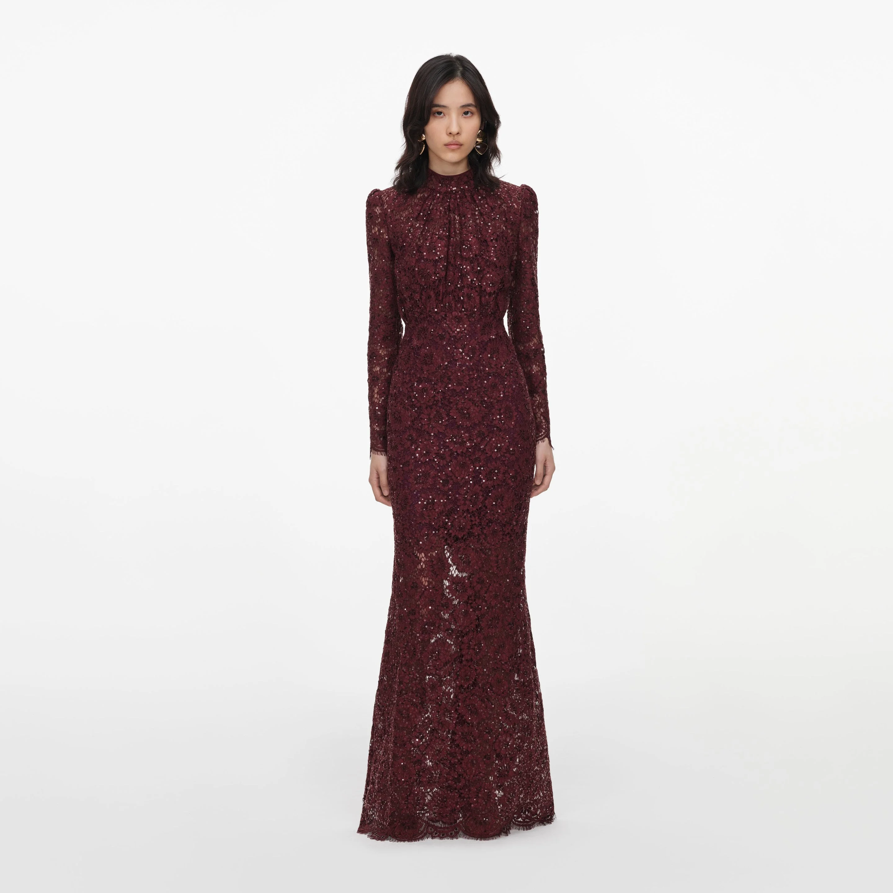 Burgundy Sequin Lace Maxi Dress - 1