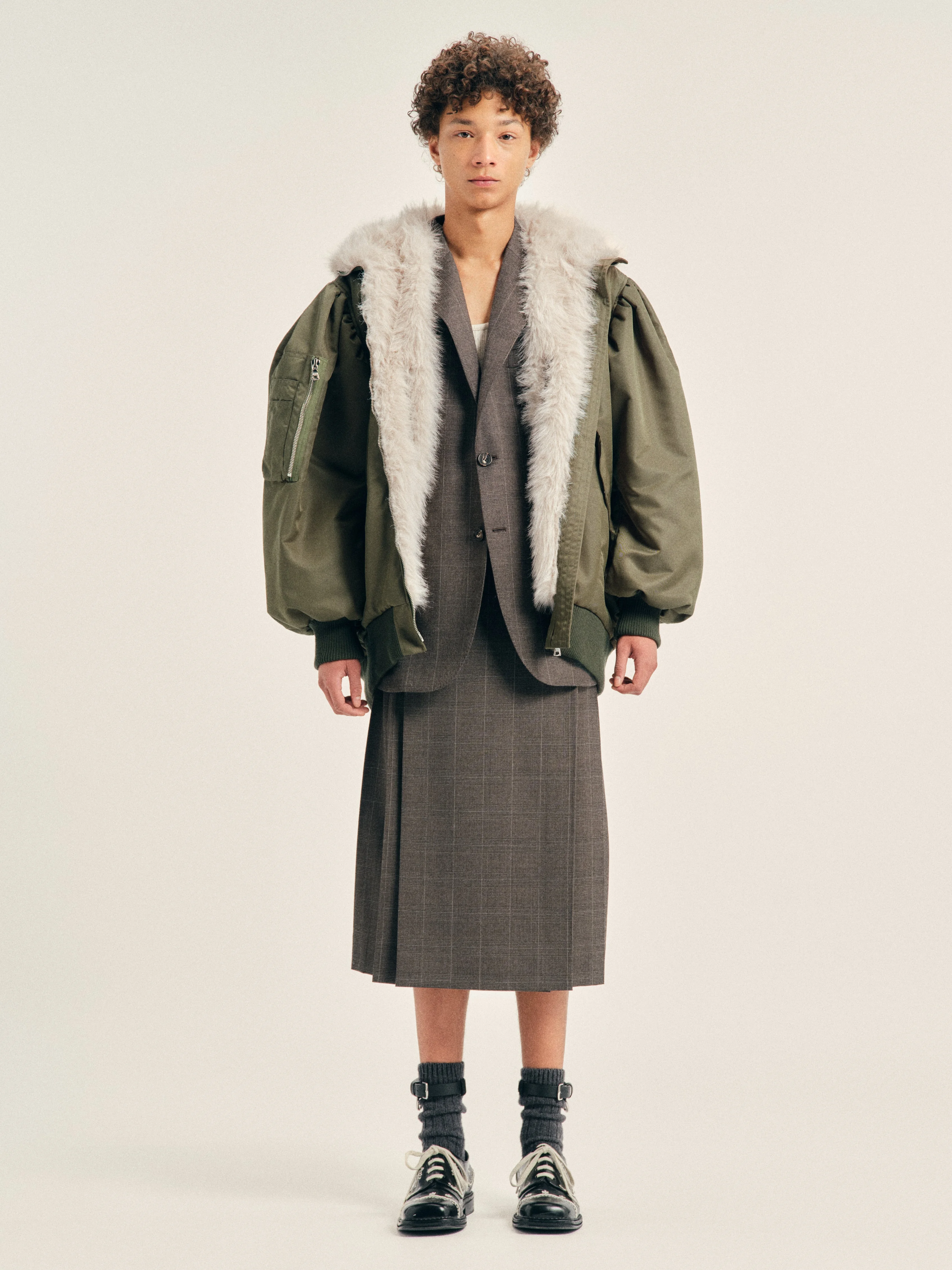 Oversized Split Faux Fur Hood Bomber Jacket - 1