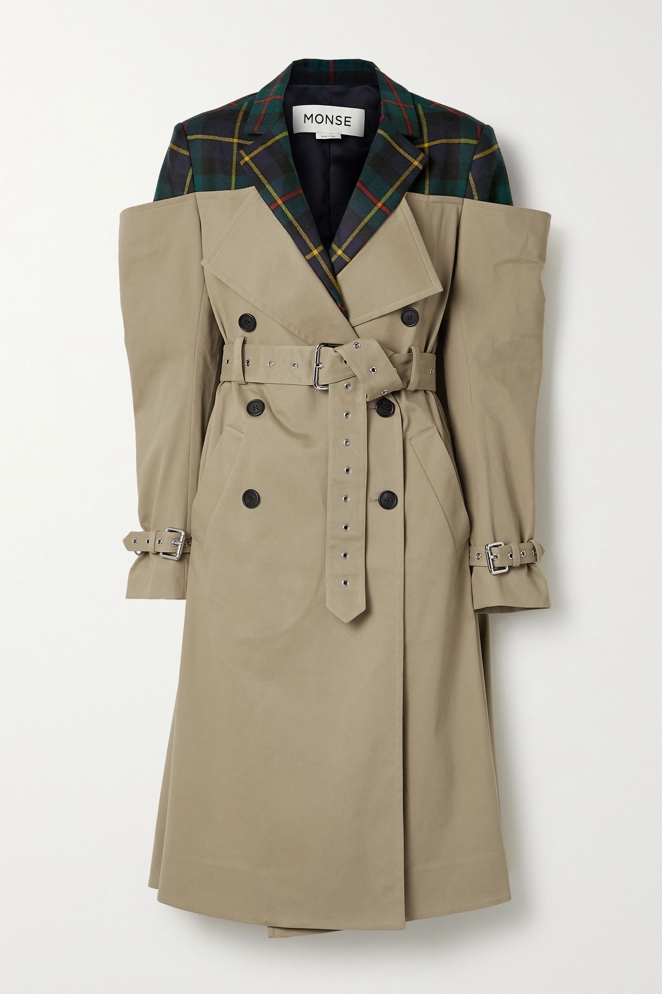 Deconstructed checked wool-twill and cotton-blend gabardine trench coat - 1