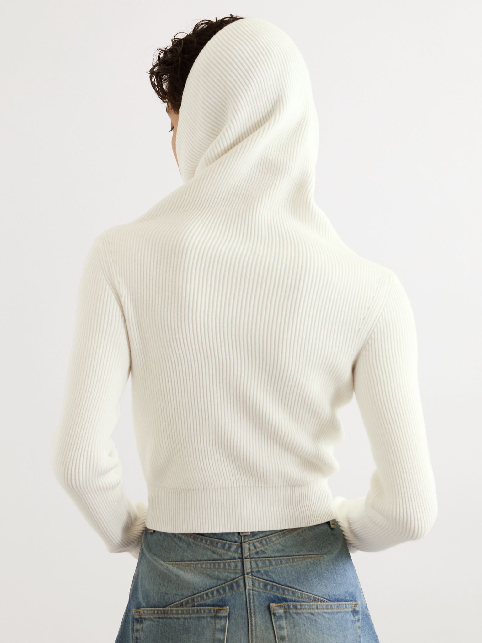 Hooded cropped ribbed wool-blend sweater White - 4