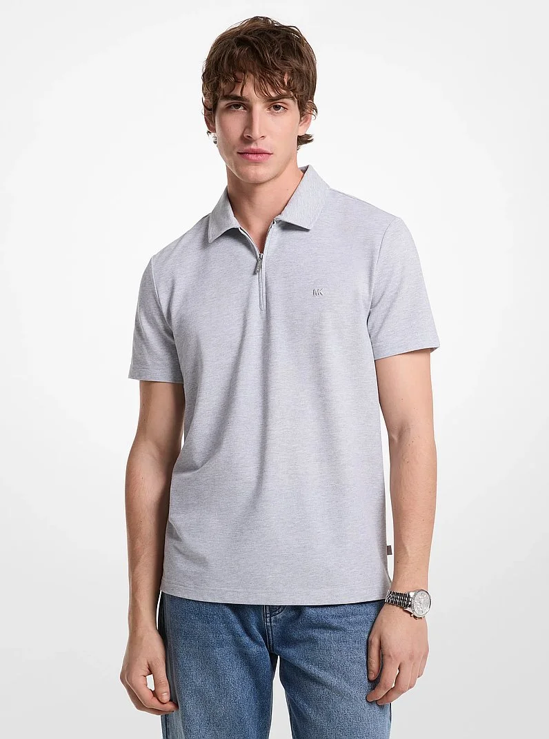 Cotton Blend Piqué Zip-Up Polo Shirt - 1