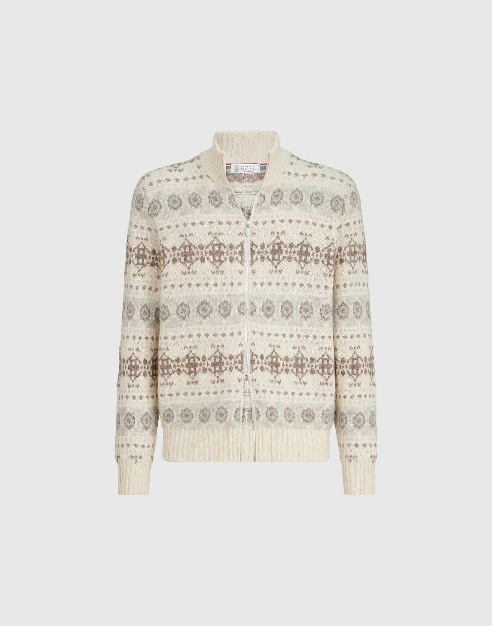 Cashmere jacquard high-neck cardigan with zipper - 1