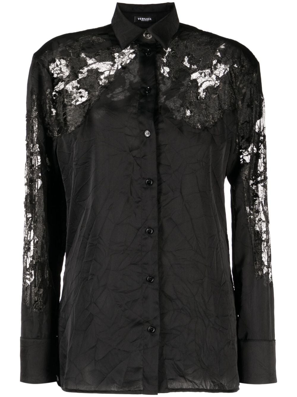 sheer-lace crinkled satin shirt - 1