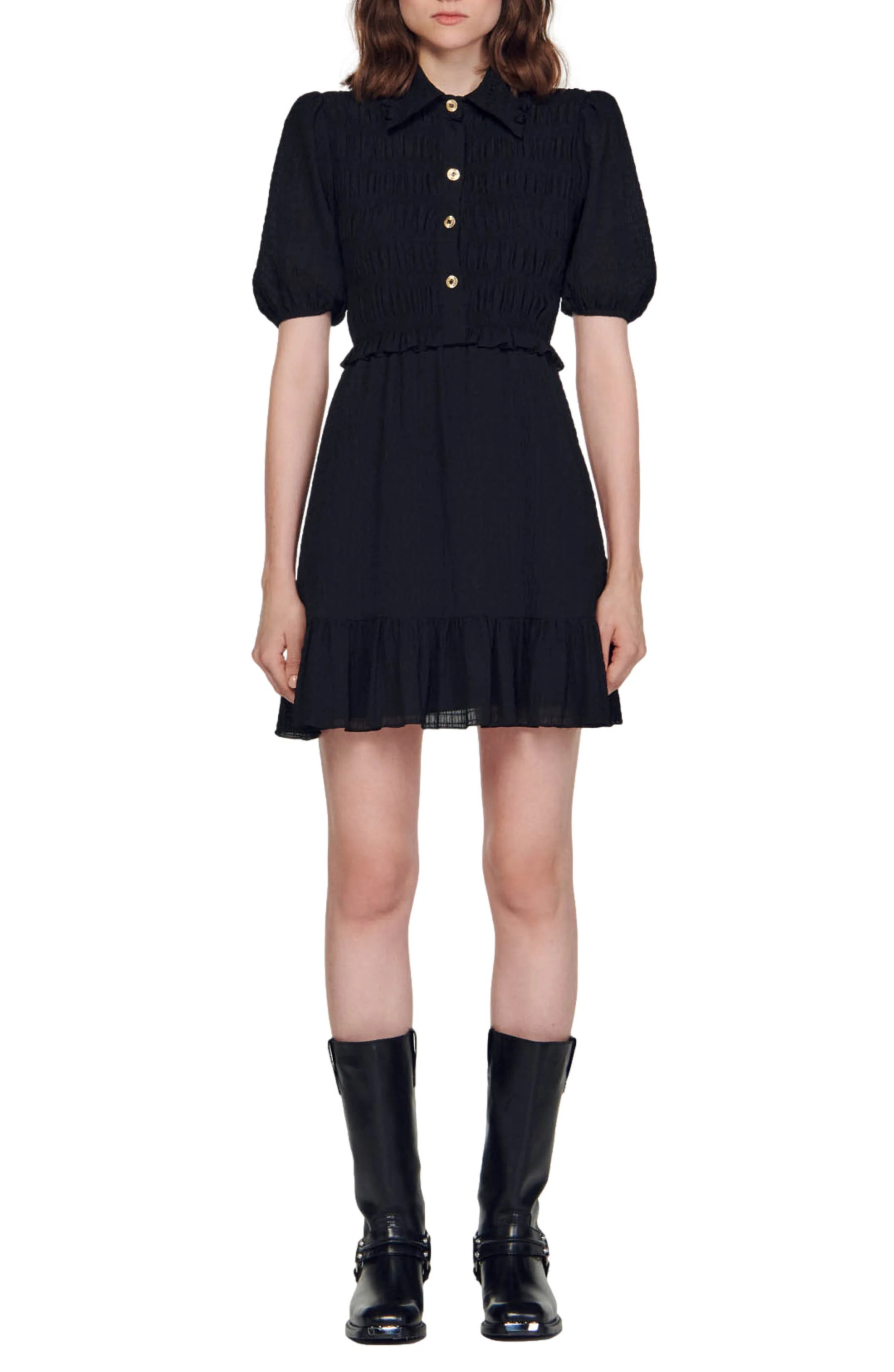 SANDRO Smocked Puff Sleeve Minidress in Black at Nordstrom - 1