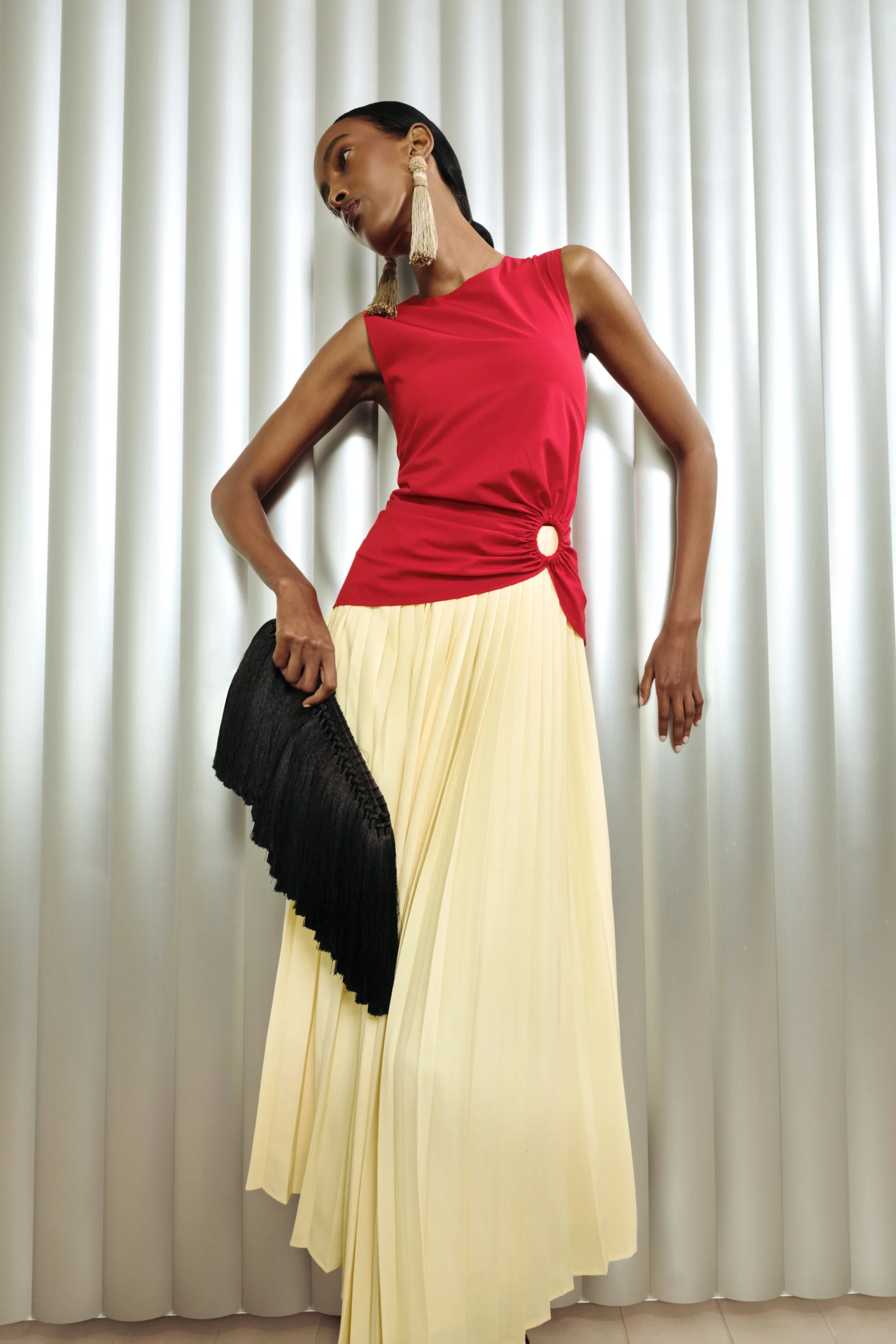 Cori Pleated Dress In Butter/Classic Red Combo - 1