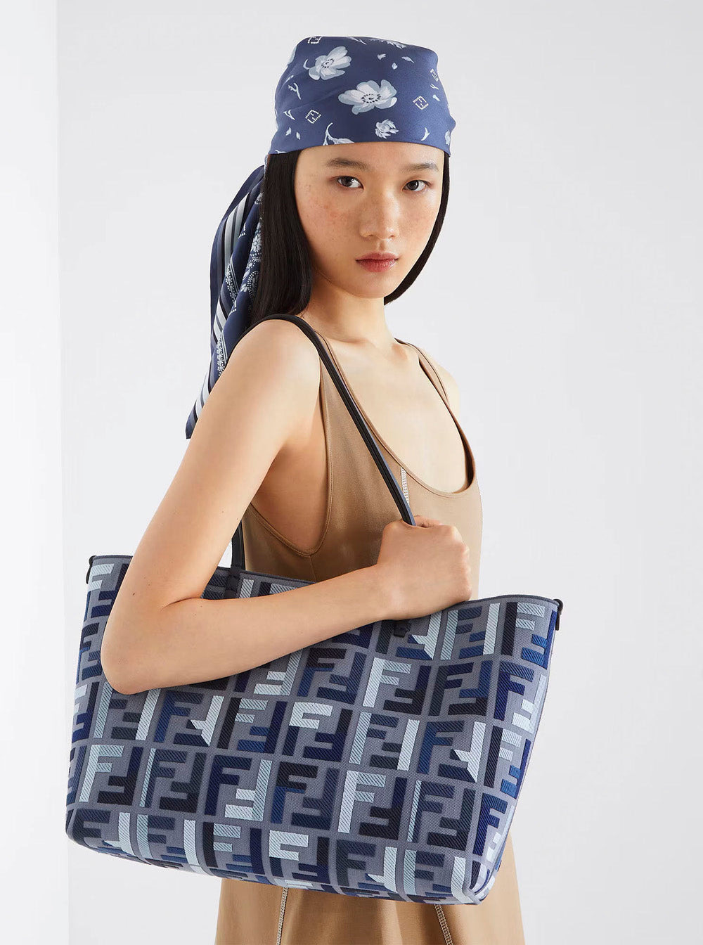 Fendi Women 'Roll Large' Blue Shopper With All-Over Ff Motif And Double Top Handles In Cotton Blend  - 6