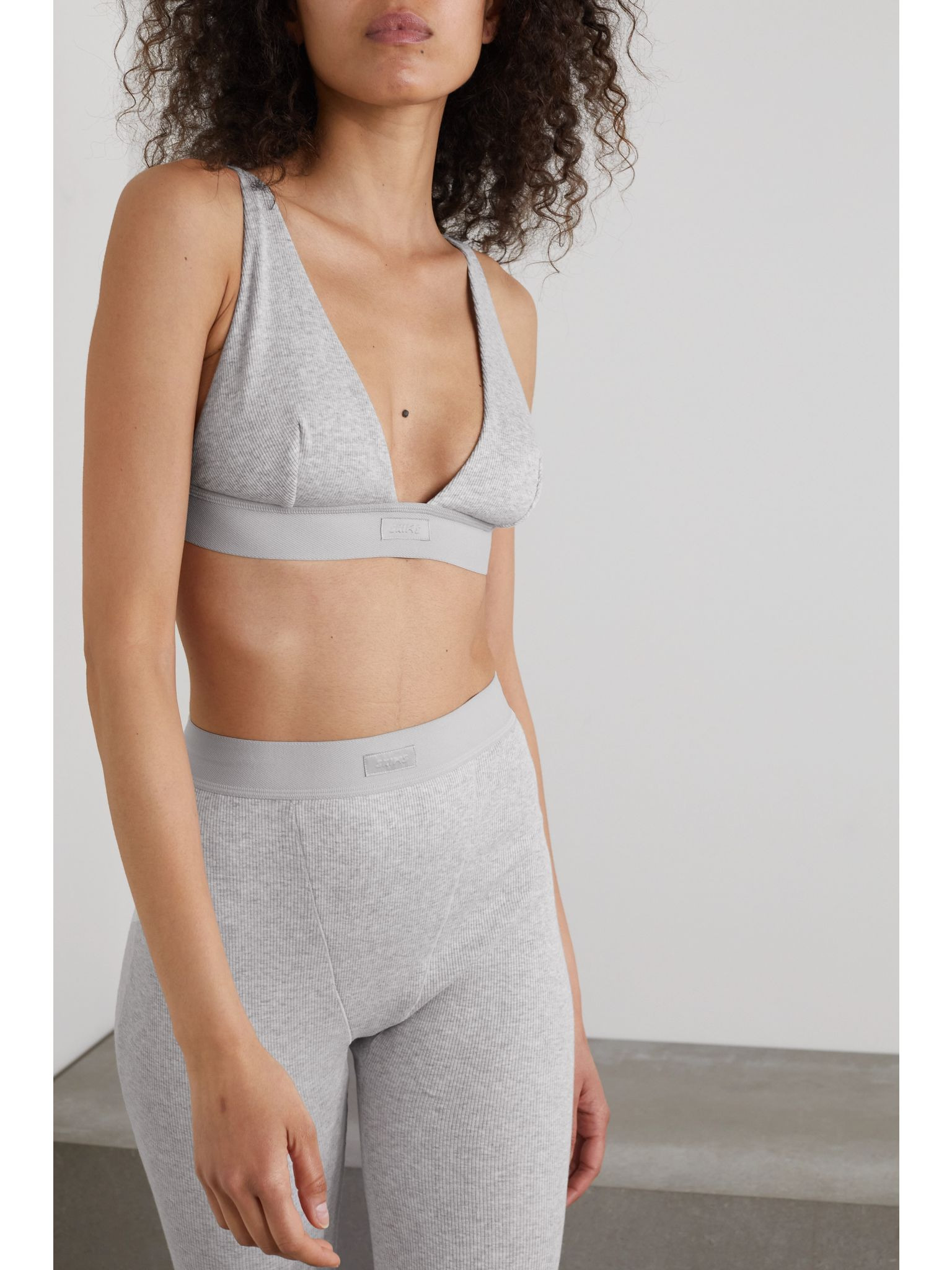 Plunge ribbed cotton-blend jersey bralette - Light Heather Grey Gray - 2