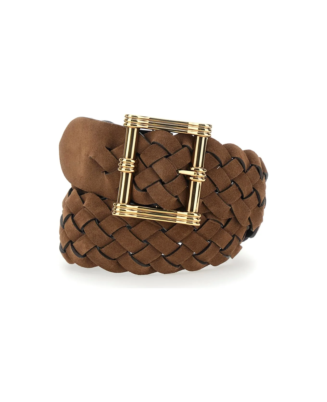 Brown Belt With Intrecciato Motif And Front Buckle Closure In Suede Woman - 1