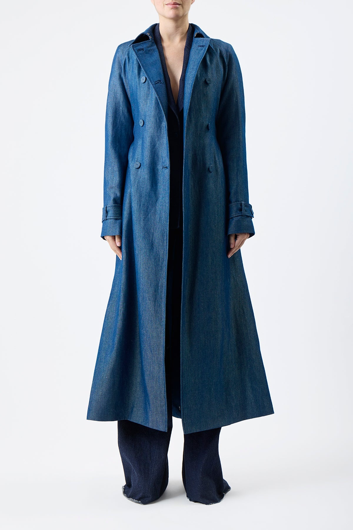 Braden Trench Coat in Deep Blue Wool Linen - 3