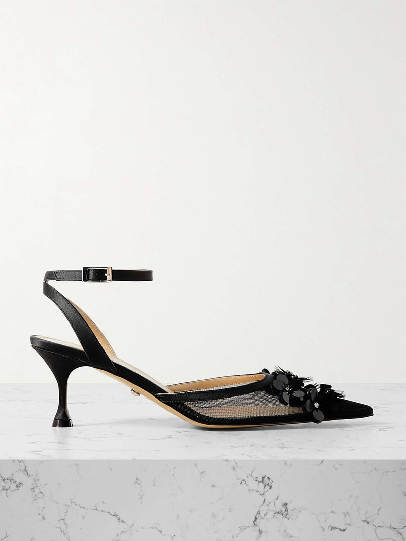 Satin-trimmed embellished mesh pumps - 1