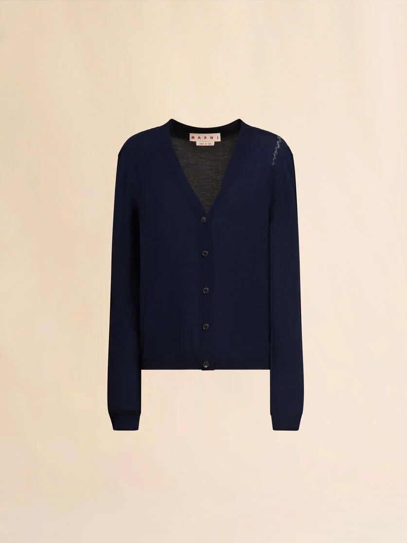 BLUE SILK AND WOOL BLEND CARDIGAN WITH CONTRASTING BACK PANEL - 1