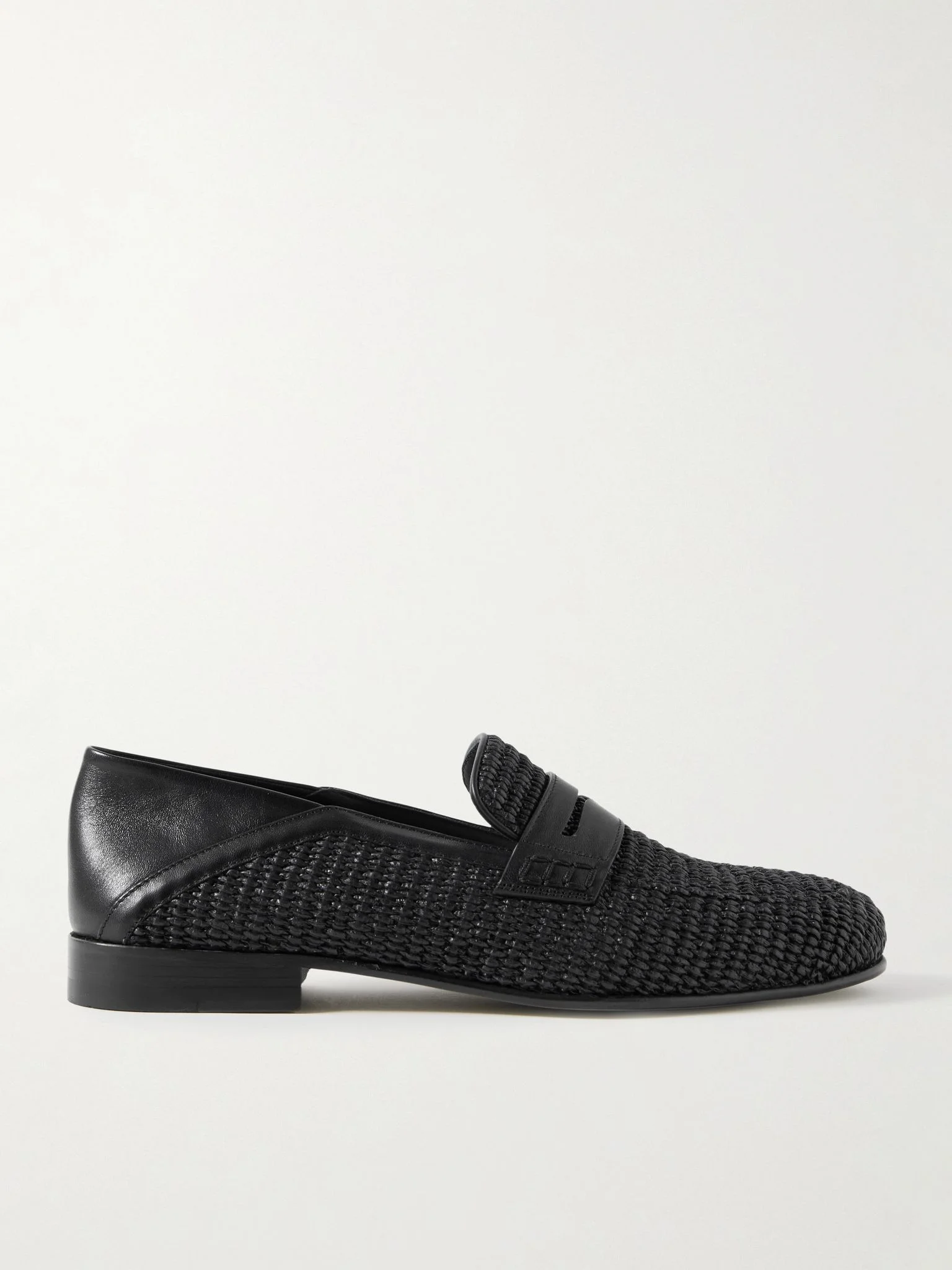 Padstow Collapsible-Heel Leather-Trimmed Raffia Loafers Black - 1