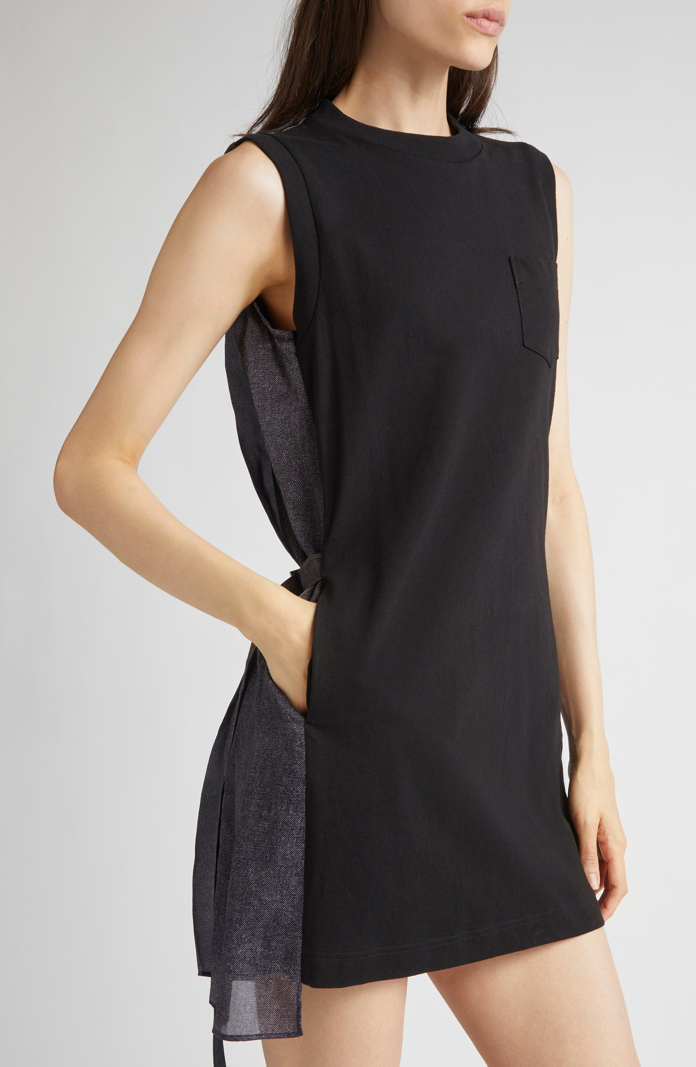 Sacai Mixed Media Cotton Jersey & Denim Minidress in Black/Indigo at Nordstrom - 4