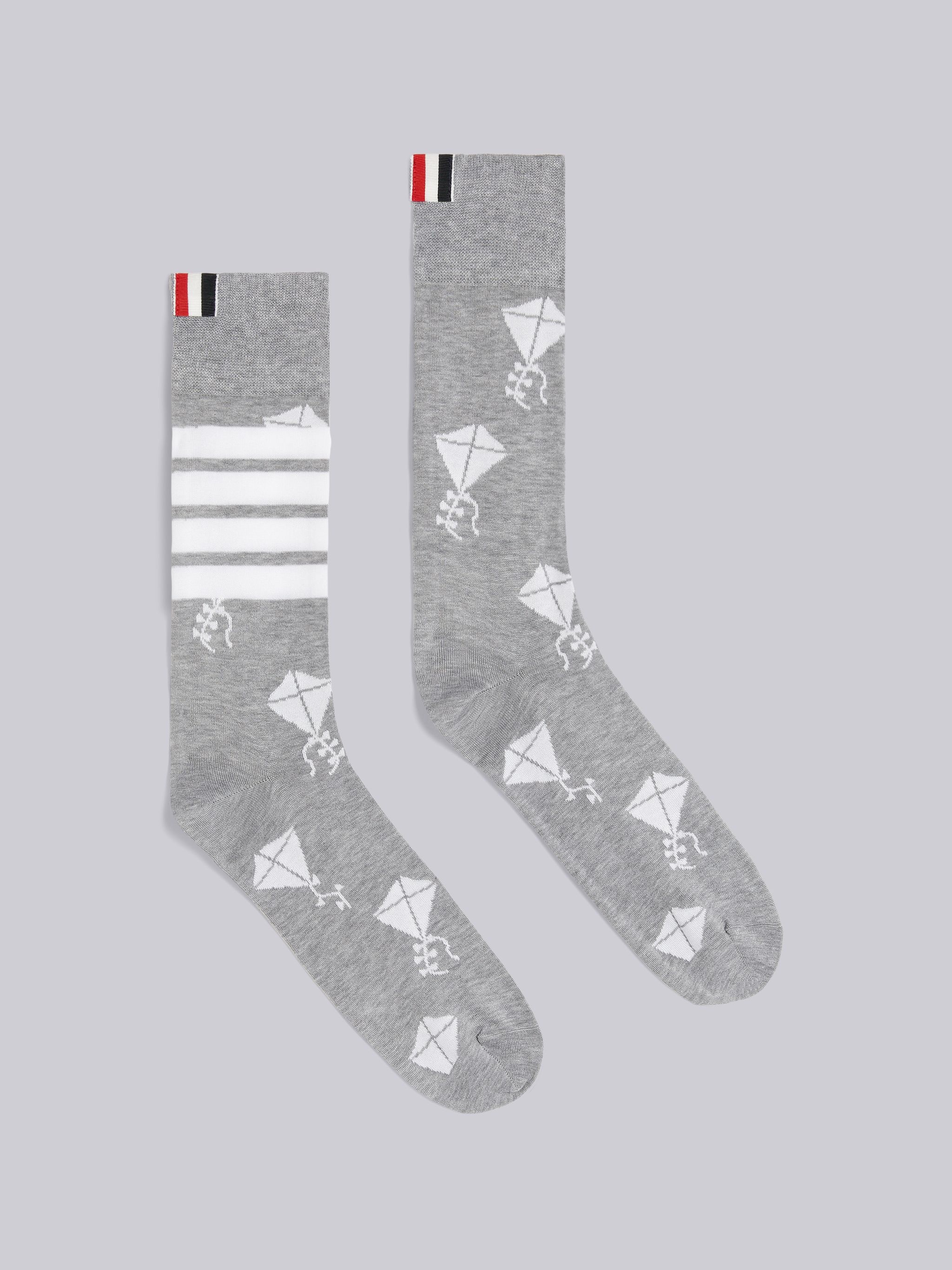 Light Grey Mercerized Cotton Half Drop Kite Icon 4-Bar Socks - 1