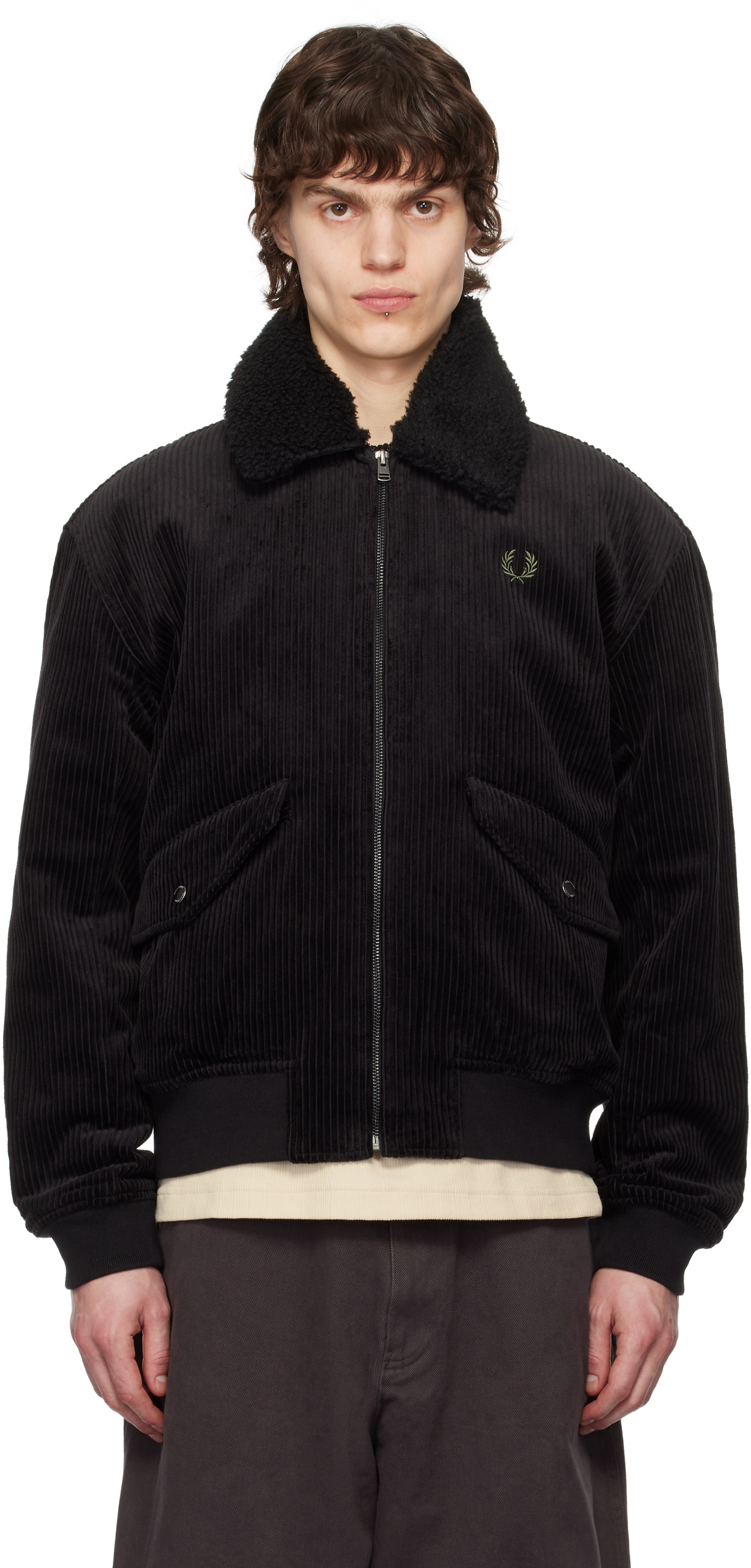 Fred Perry Black Cotton Corduroy Bomber Jacket | REVERSIBLE