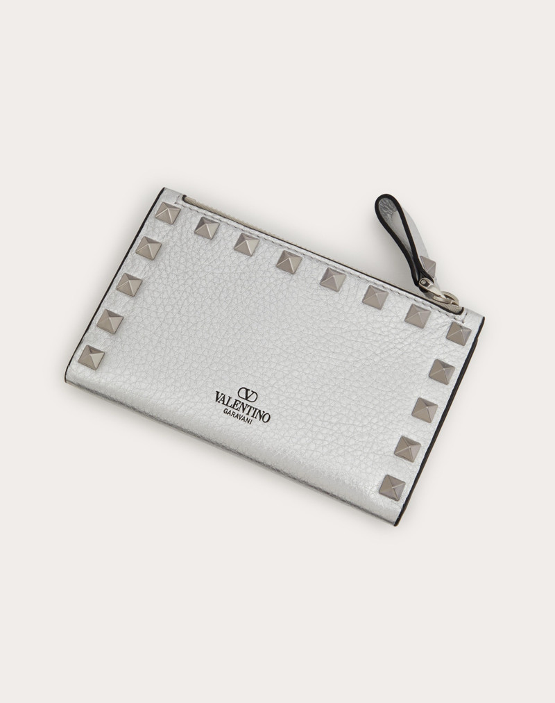 ROCKSTUD GRAINY METALLIC CALFSKIN CARD HOLDER WITH ZIPPER 3