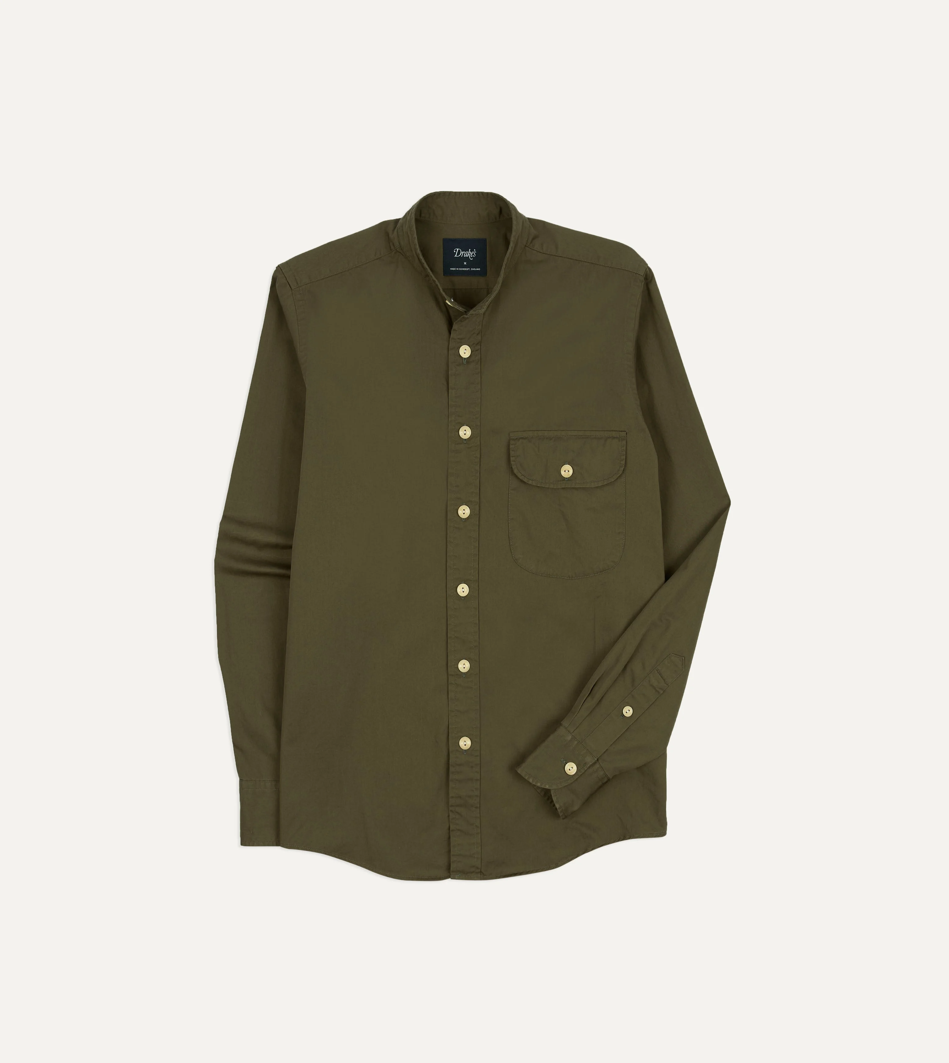 Olive Cotton Mandarin Collar Shirt - 1