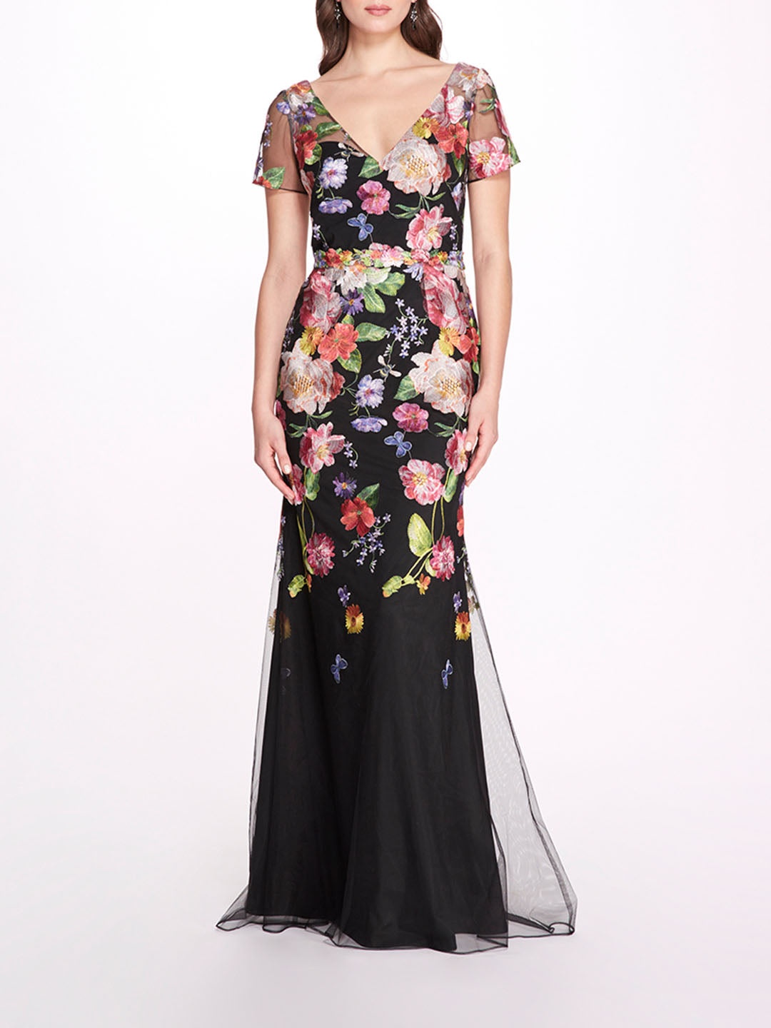 EMBROIDERED FLORAL V-NECK GOWN - 1