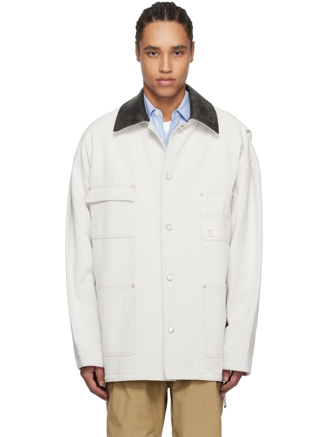 Off-White Leather Collar Denim Coat - 1