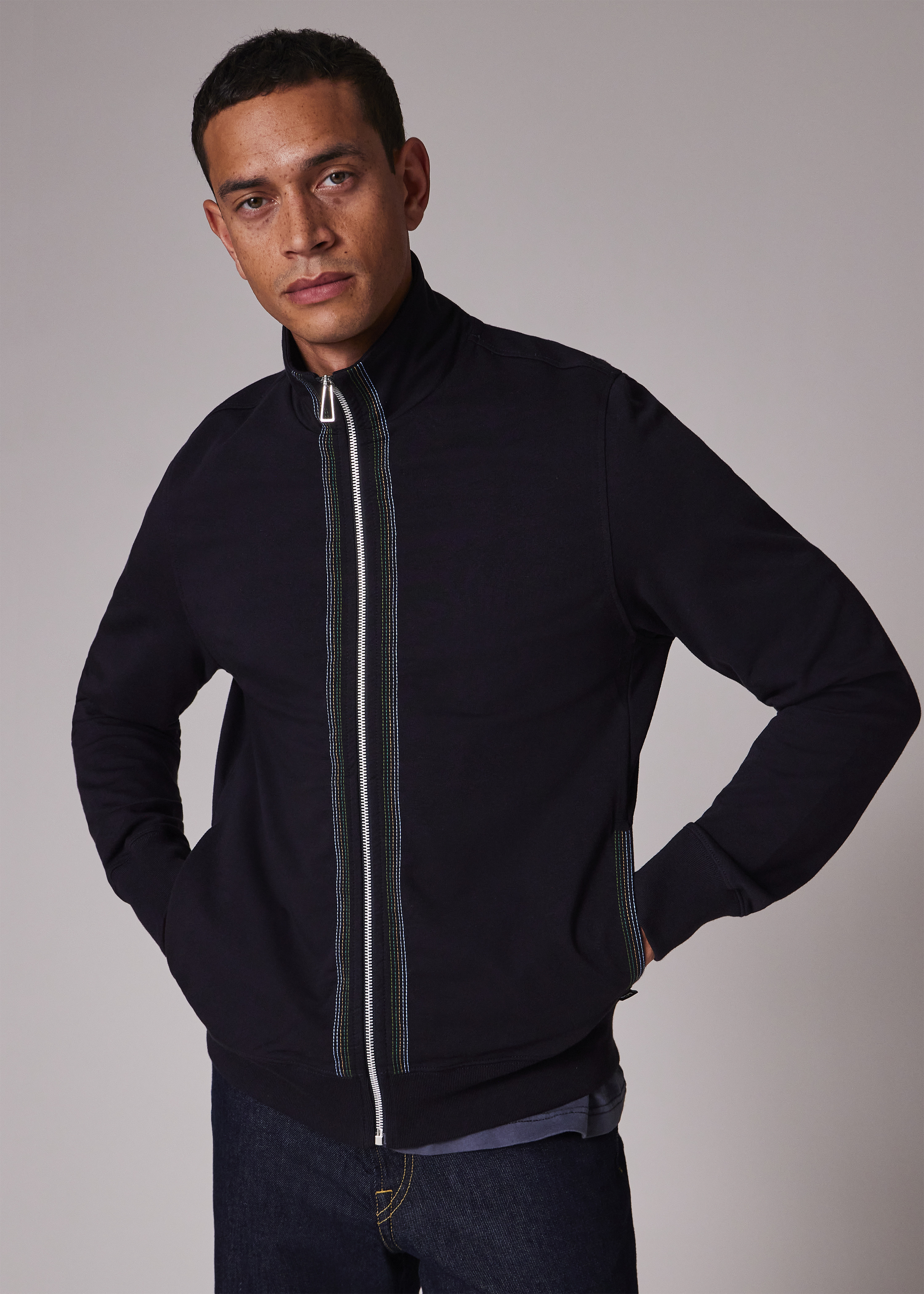 Navy Cotton-Blend Zip Sweatshirt with Contrast Placket Trim - 4