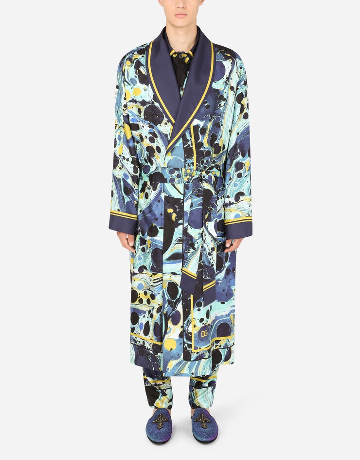 Silk robe with blue marbled print - 1