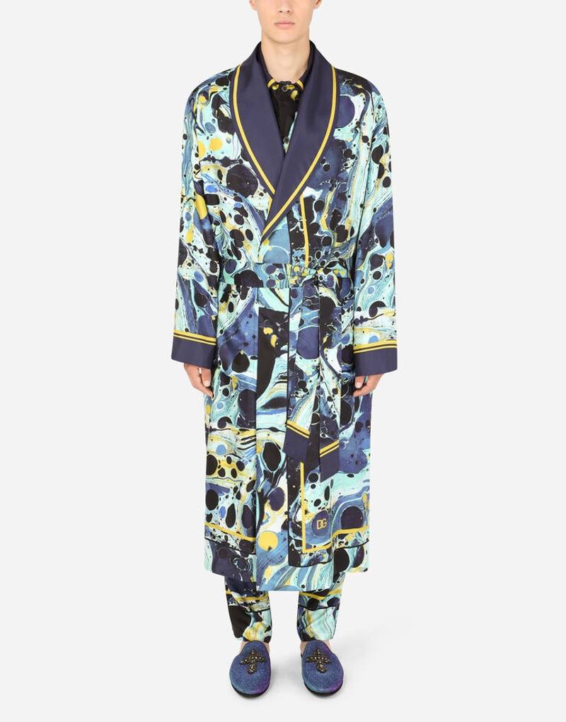 Silk robe with blue marbled print 2